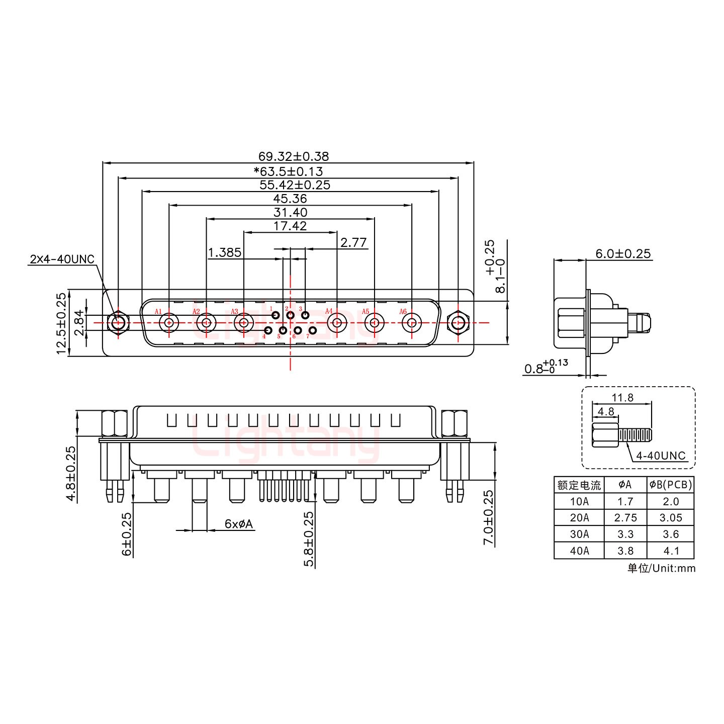 13W6A公PCB直插板/鉚魚叉7.0/大電流10A