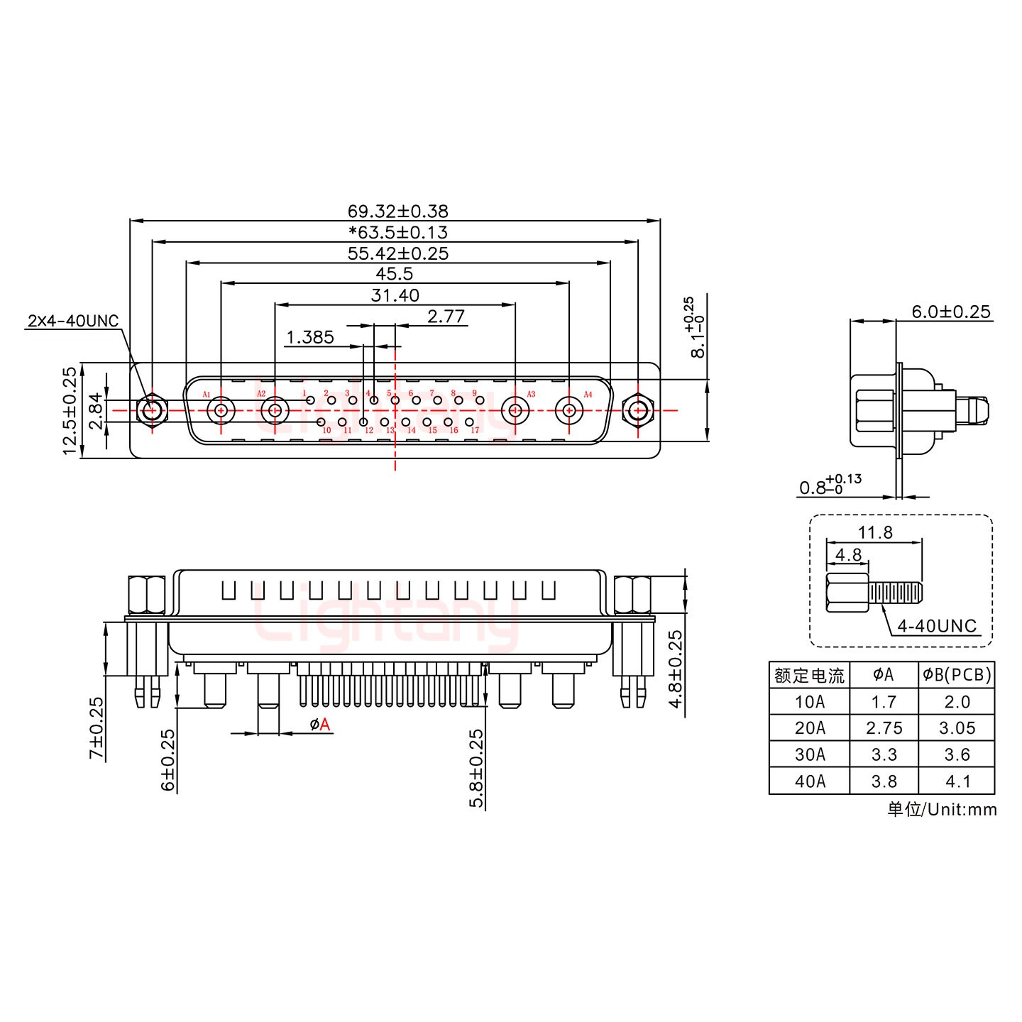 21W4公PCB直插板/鉚魚叉7.0/大電流30A