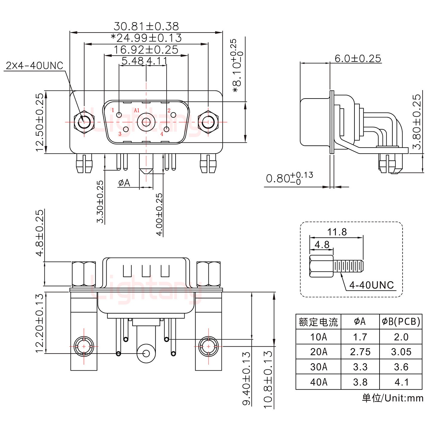 5W1公PCB彎插板/鉚支架10.8/大電流30A