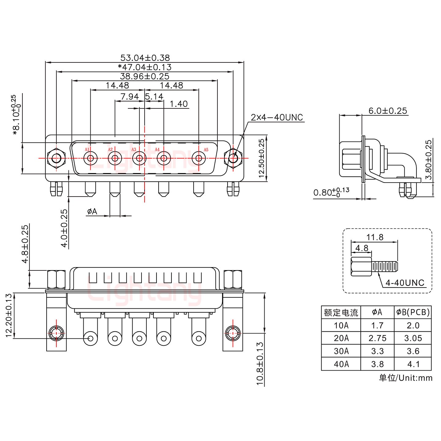 5W5公PCB彎插板/鉚支架10.8/大電流30A