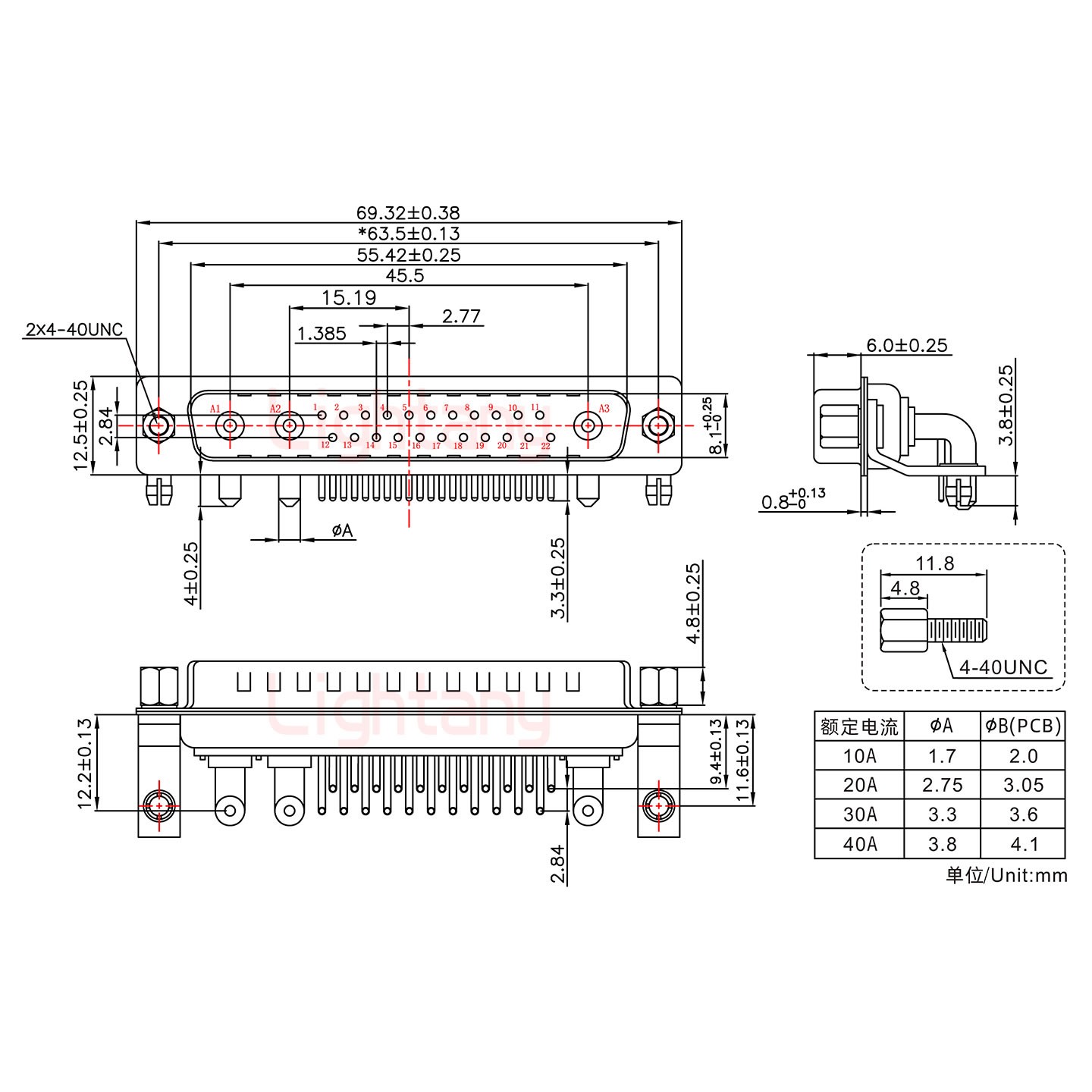 25W3公PCB彎插板/鉚支架11.6/大電流10A