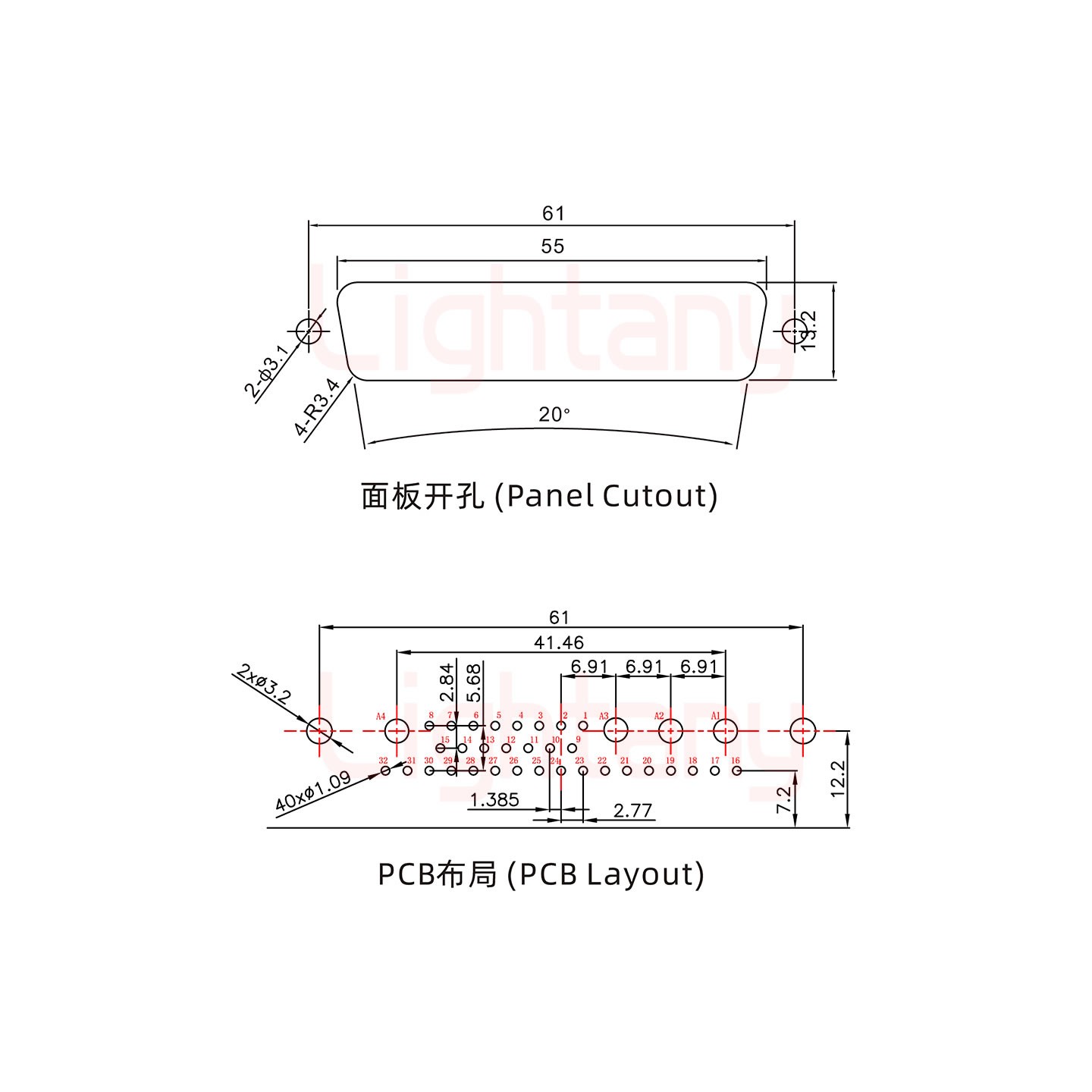 36W4母PCB彎插板/鉚支架12.2/大電流10A