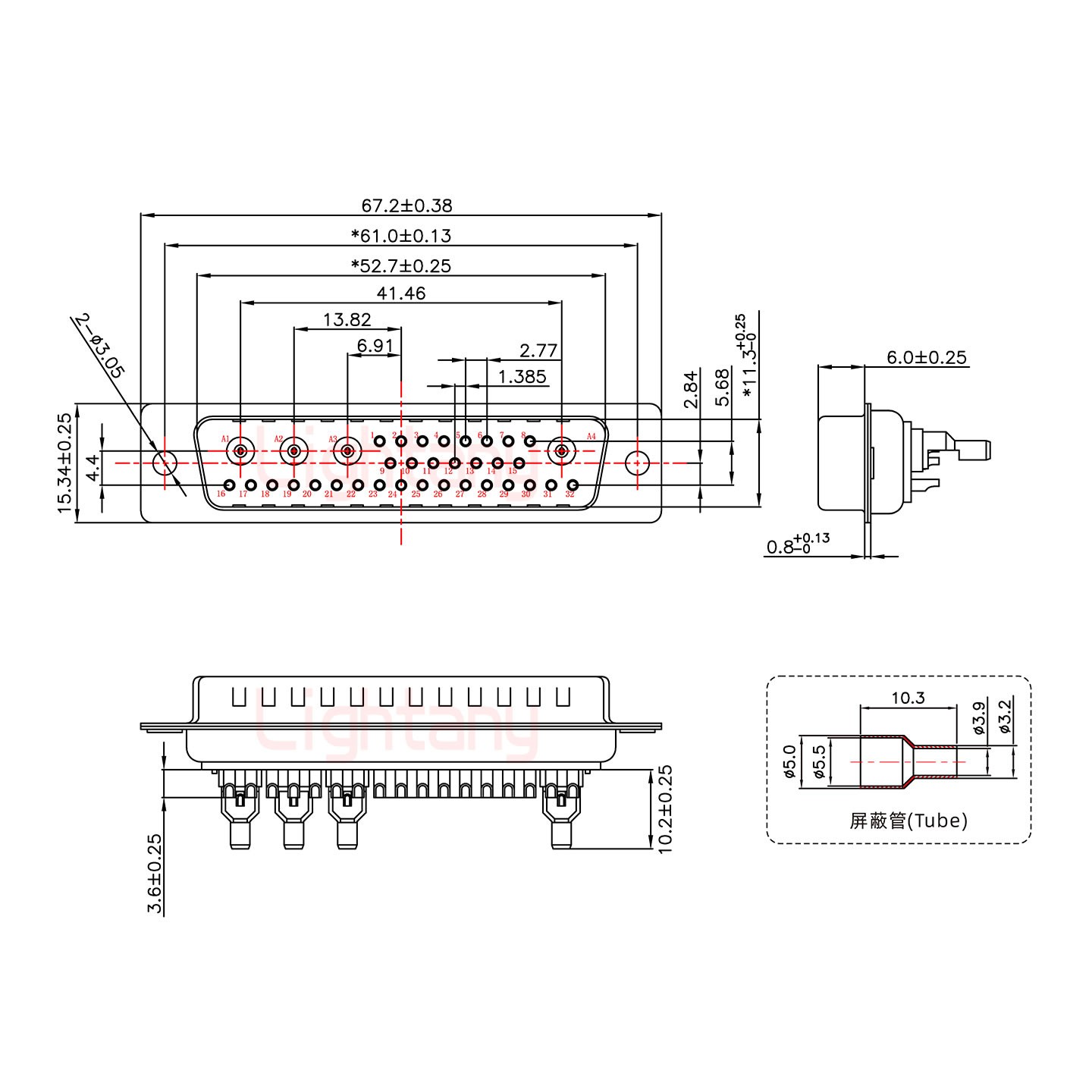 36W4公焊線式50歐姆+50P金屬外殼1746斜出線4~12mm