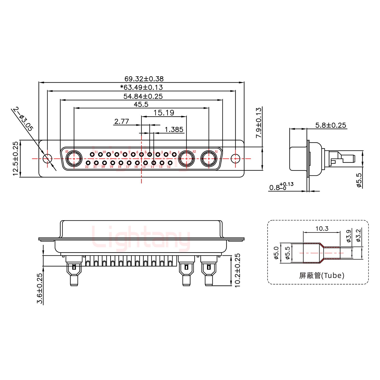 25W3母焊線式50歐姆+37P金屬外殼967斜出線4~12mm