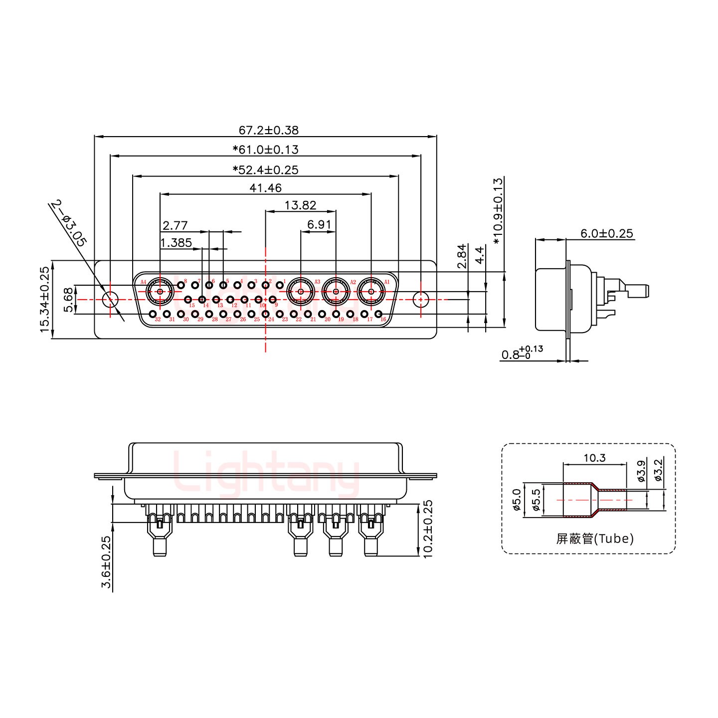 36W4母焊線式75歐姆+50P金屬外殼2252三個出線孔12mm