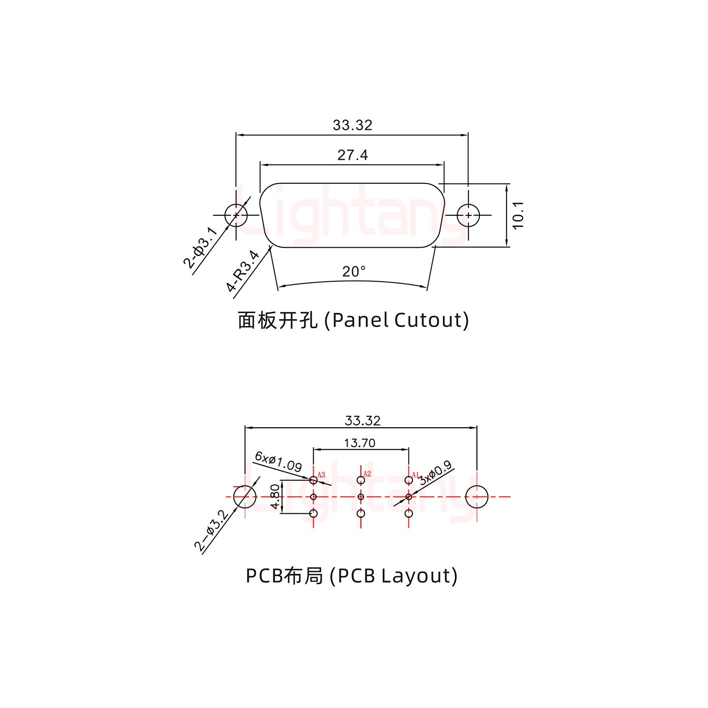 3W3母PCB直插板/鉚魚叉7.0/射頻同軸50歐姆