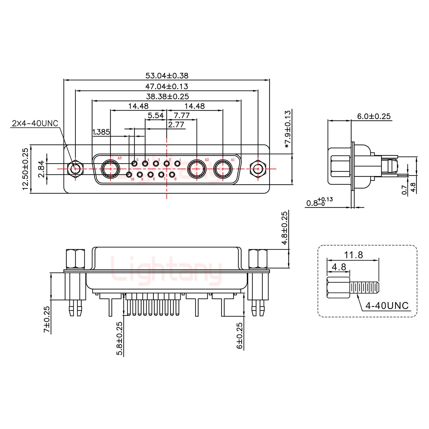 13W3母PCB直插板/鉚魚(yú)叉7.0/射頻同軸50歐姆