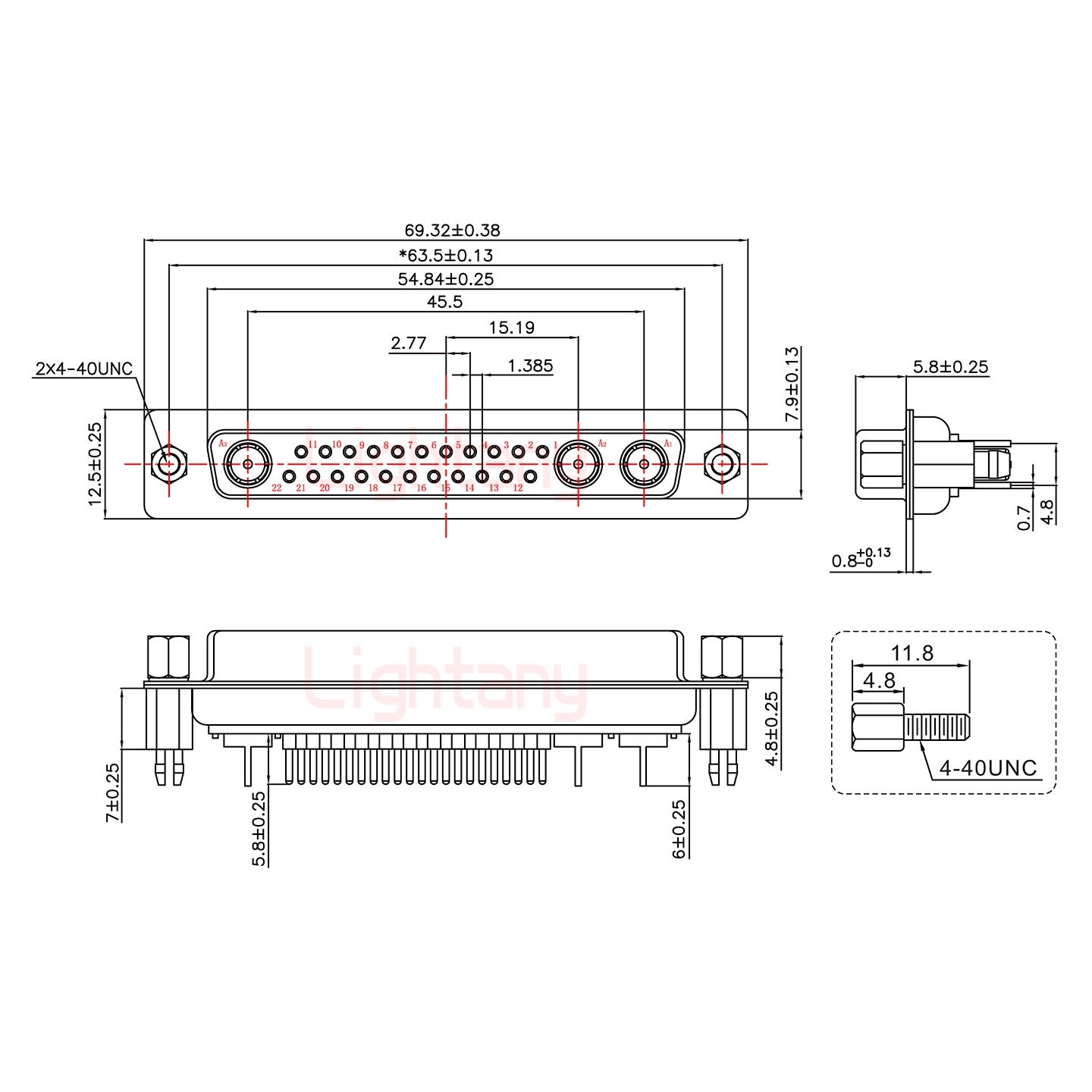 25W3母PCB直插板/鉚魚叉7.0/射頻同軸75歐姆