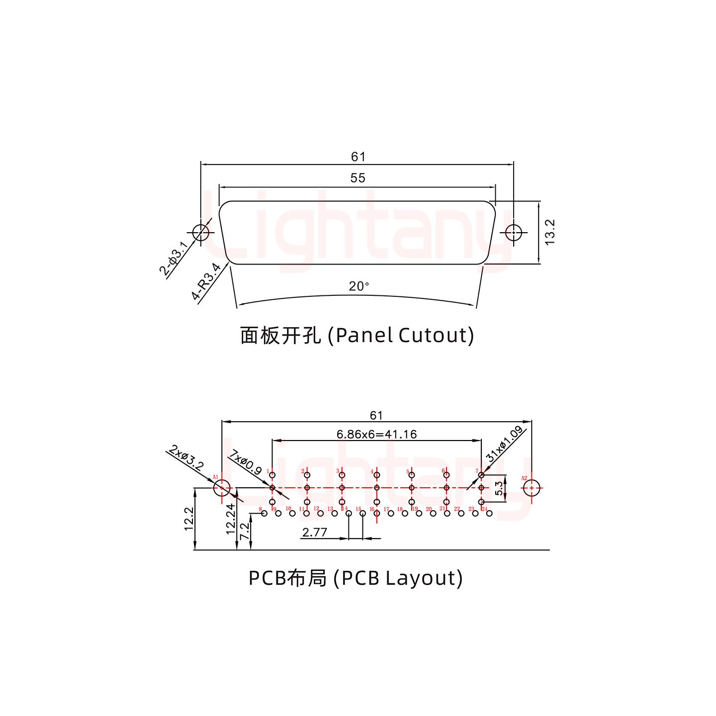 24W7公PCB彎插板/鉚支架12.2/射頻同軸50歐姆