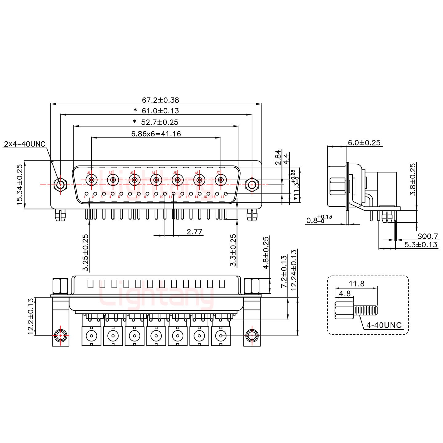 24W7公PCB彎插板/鉚支架12.2/射頻同軸50歐姆