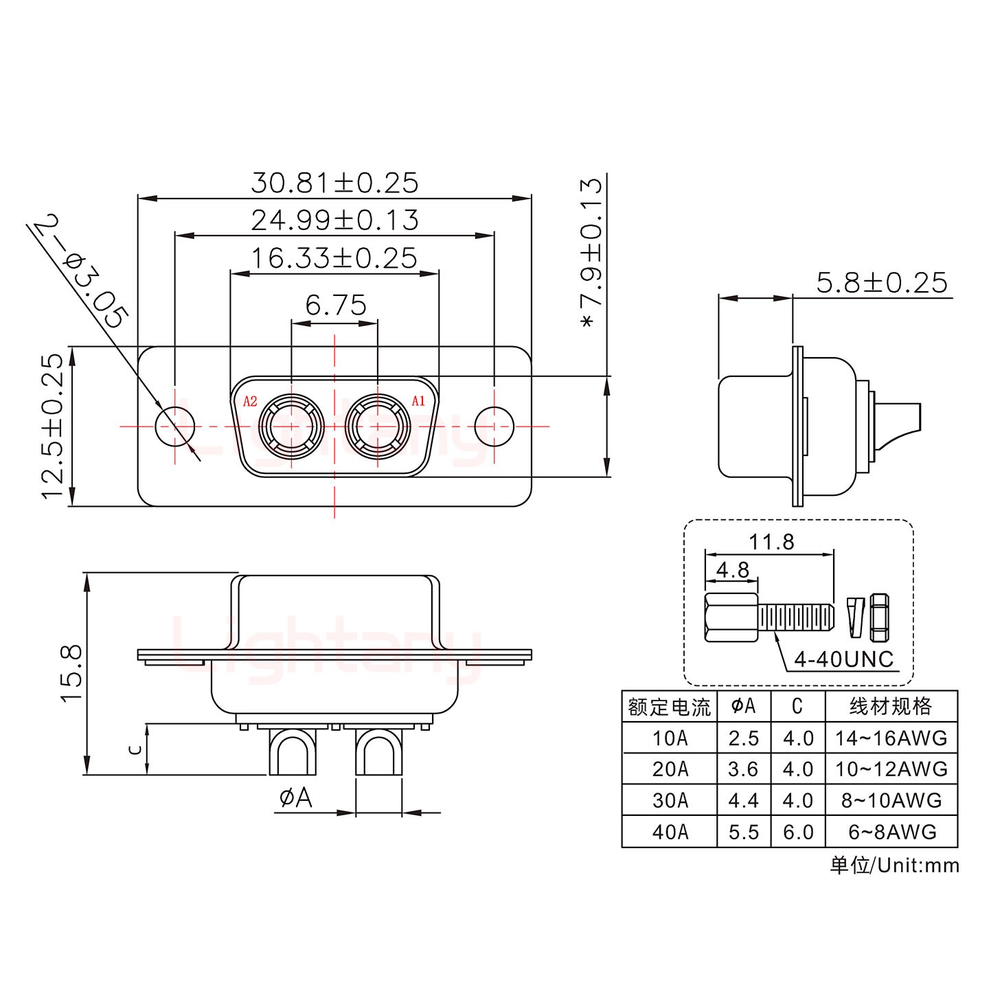 2W2母短體焊線/配螺絲螺母/大電流10A