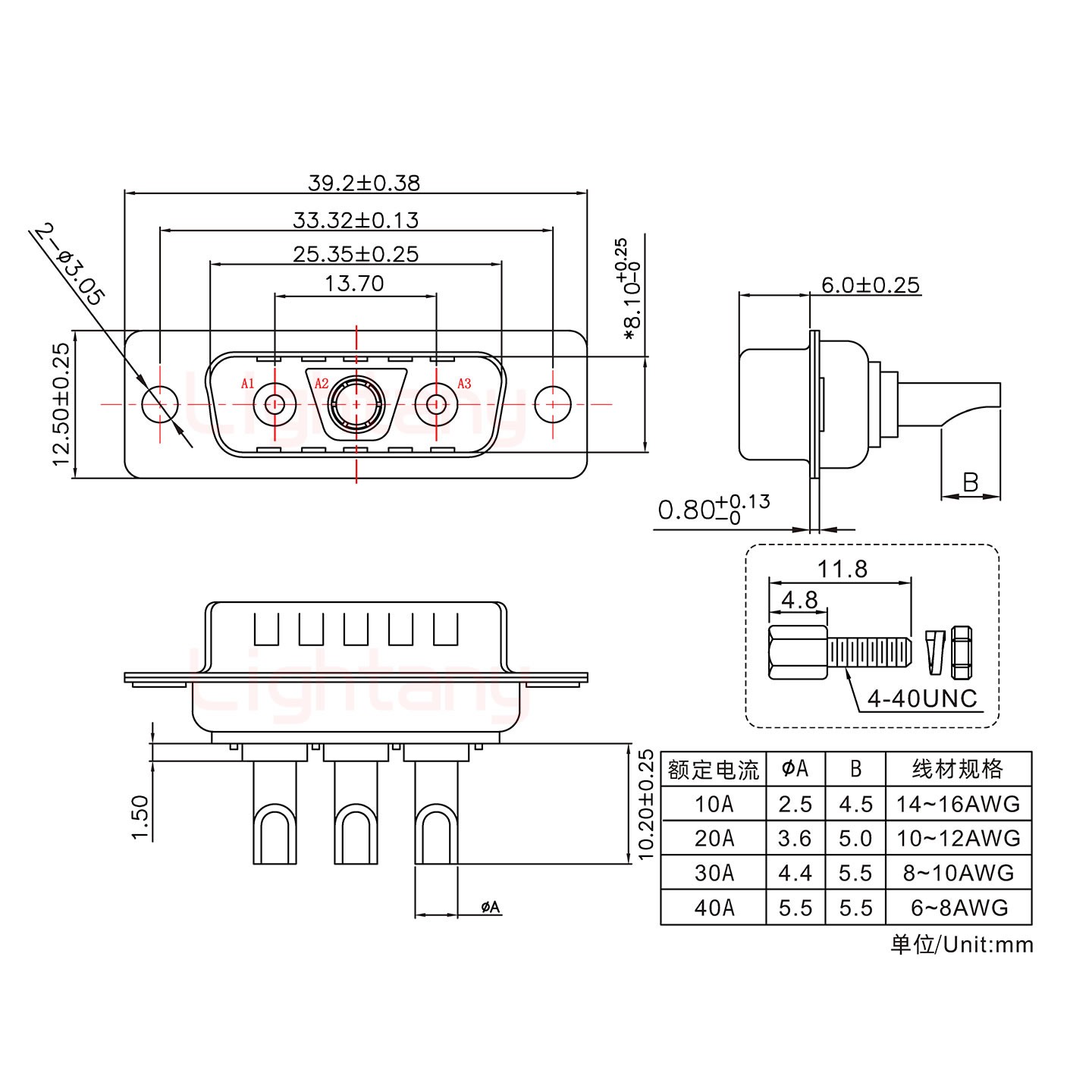 3V3公長體焊線/配螺絲螺母/大電流40A