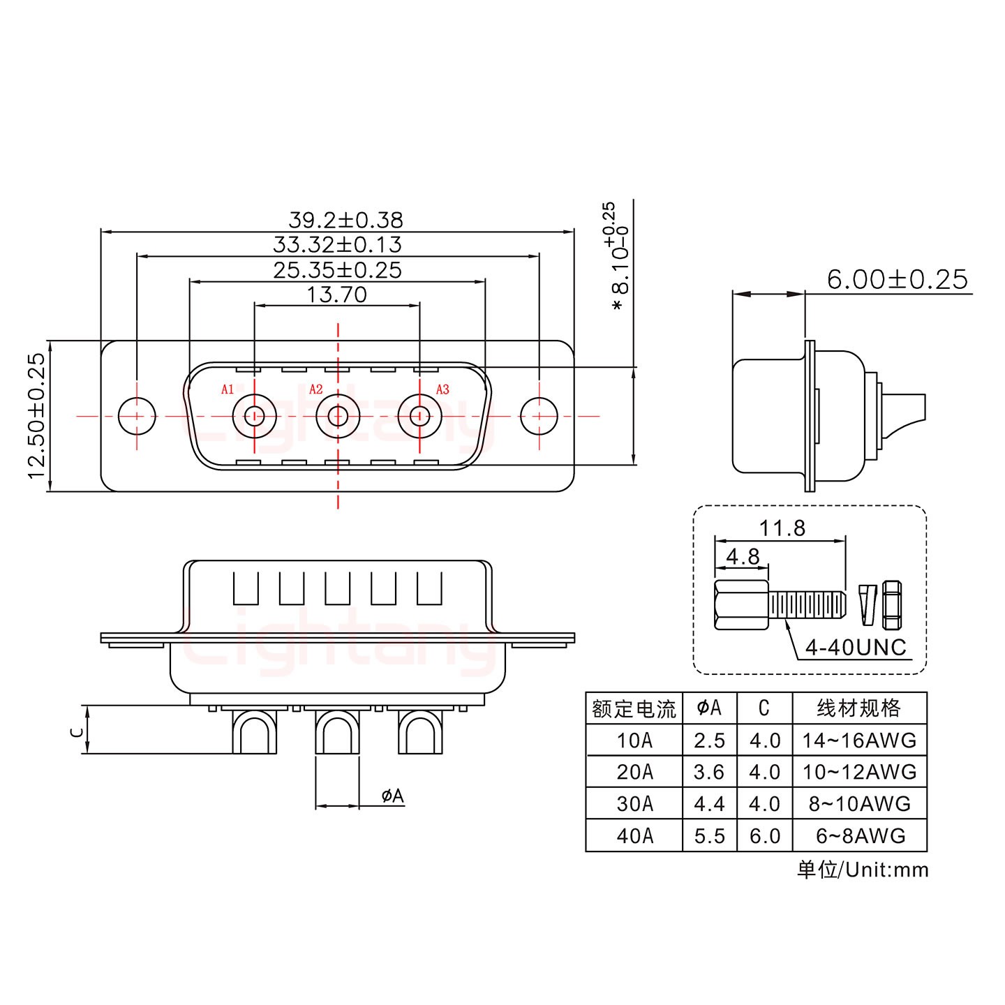 3W3公短體焊線/配螺絲螺母/大電流30A