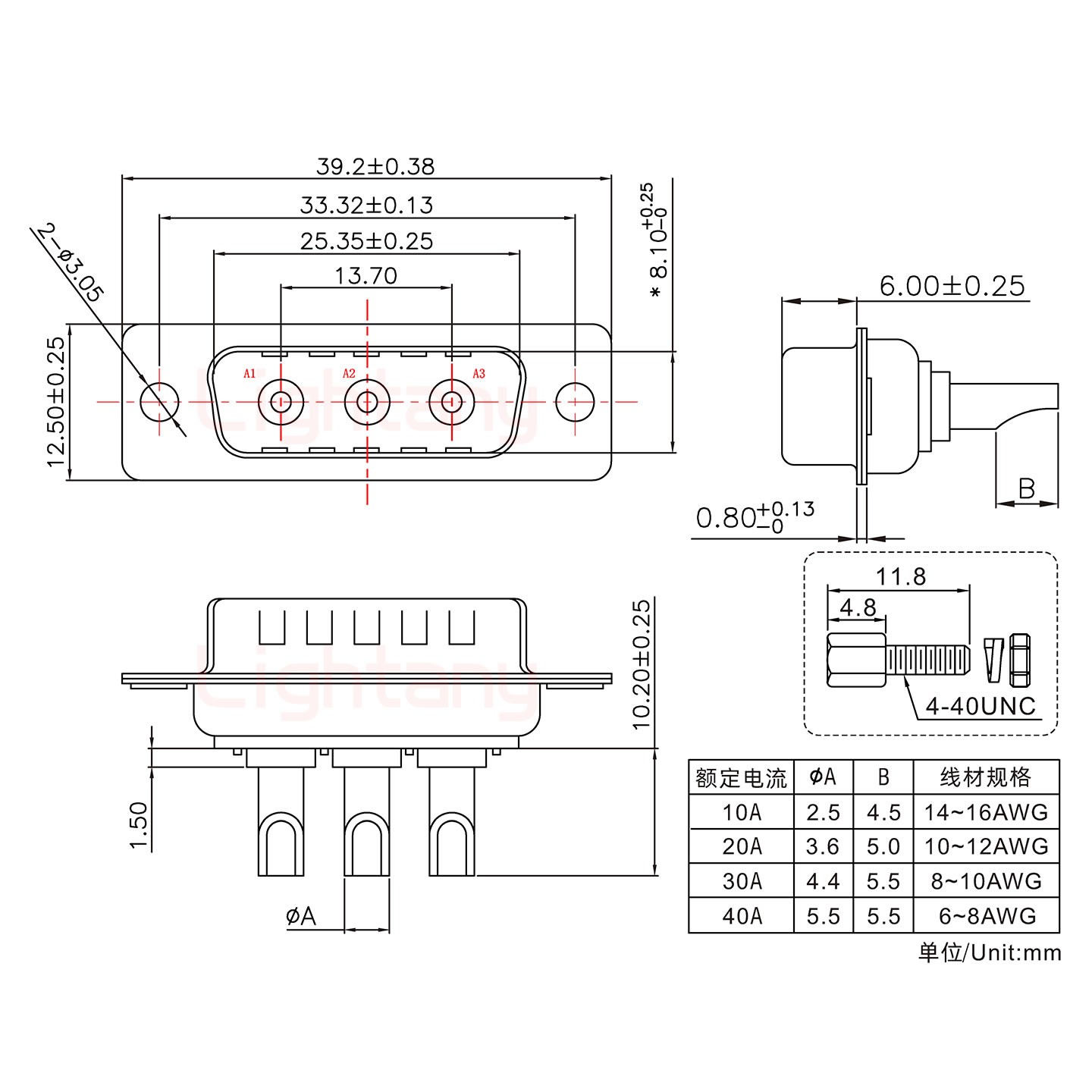 3W3公長(zhǎng)體焊線/配螺絲螺母/大電流10A