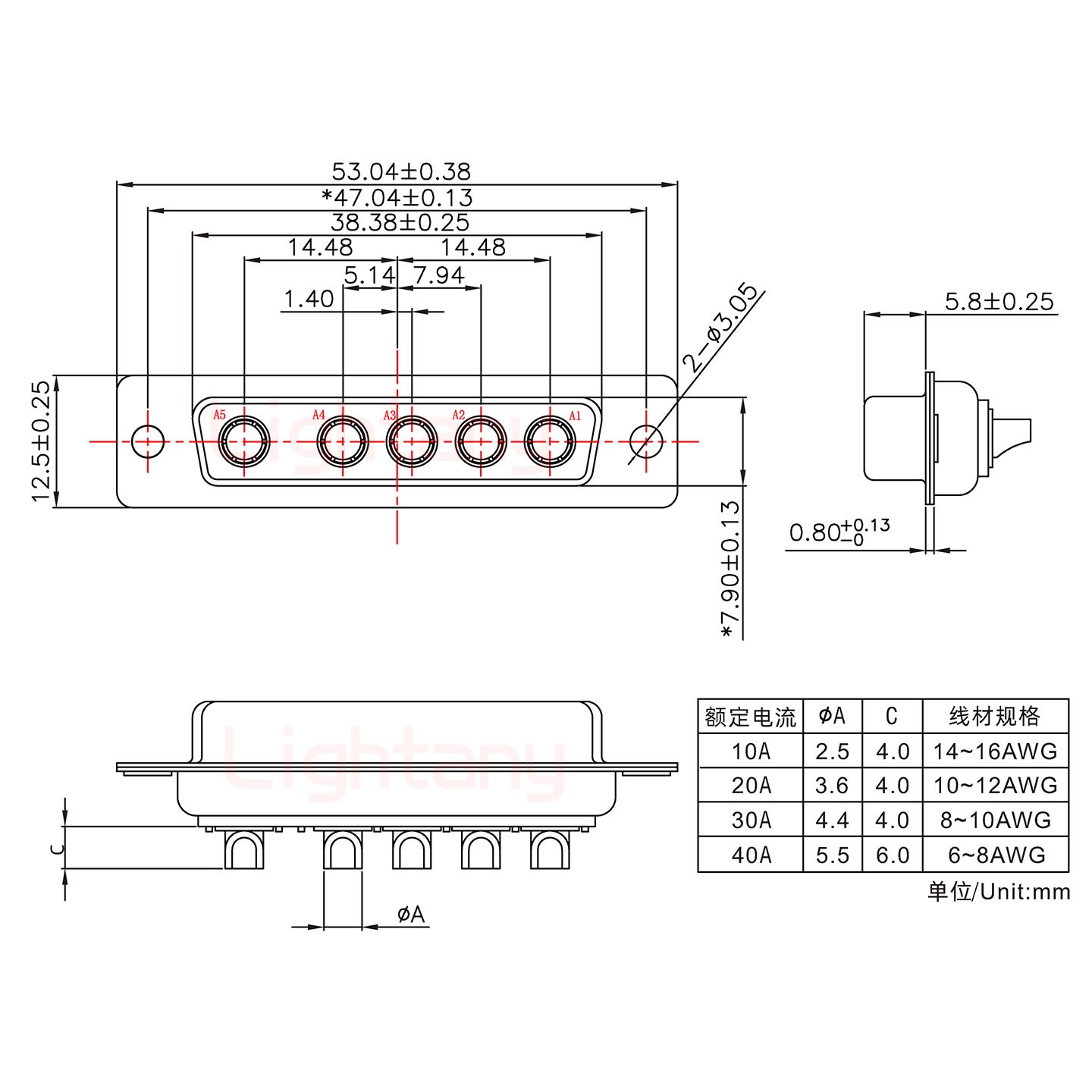 5W5母短體焊線/光孔/大電流20A