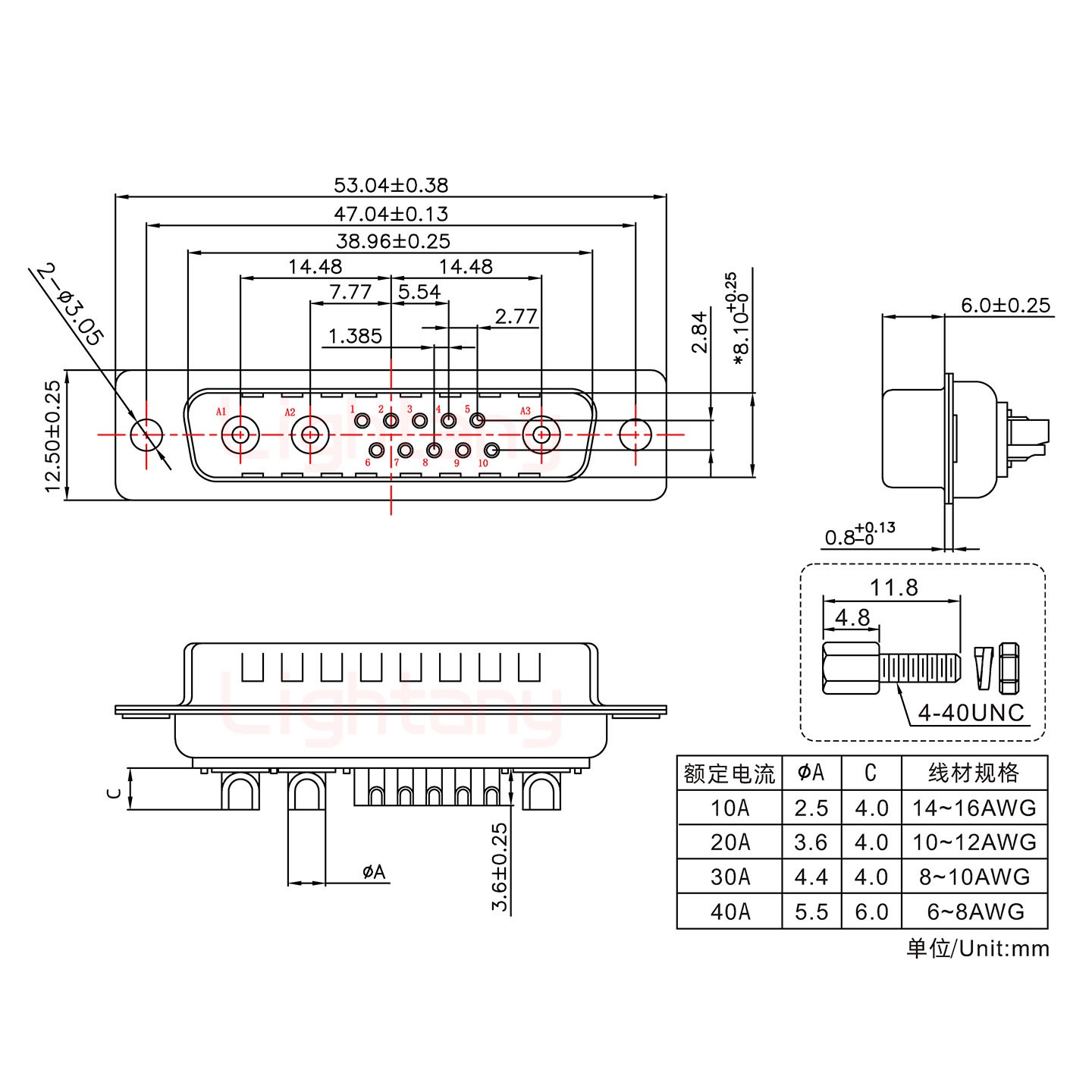 13W3公短體焊線/配螺絲螺母/大電流30A