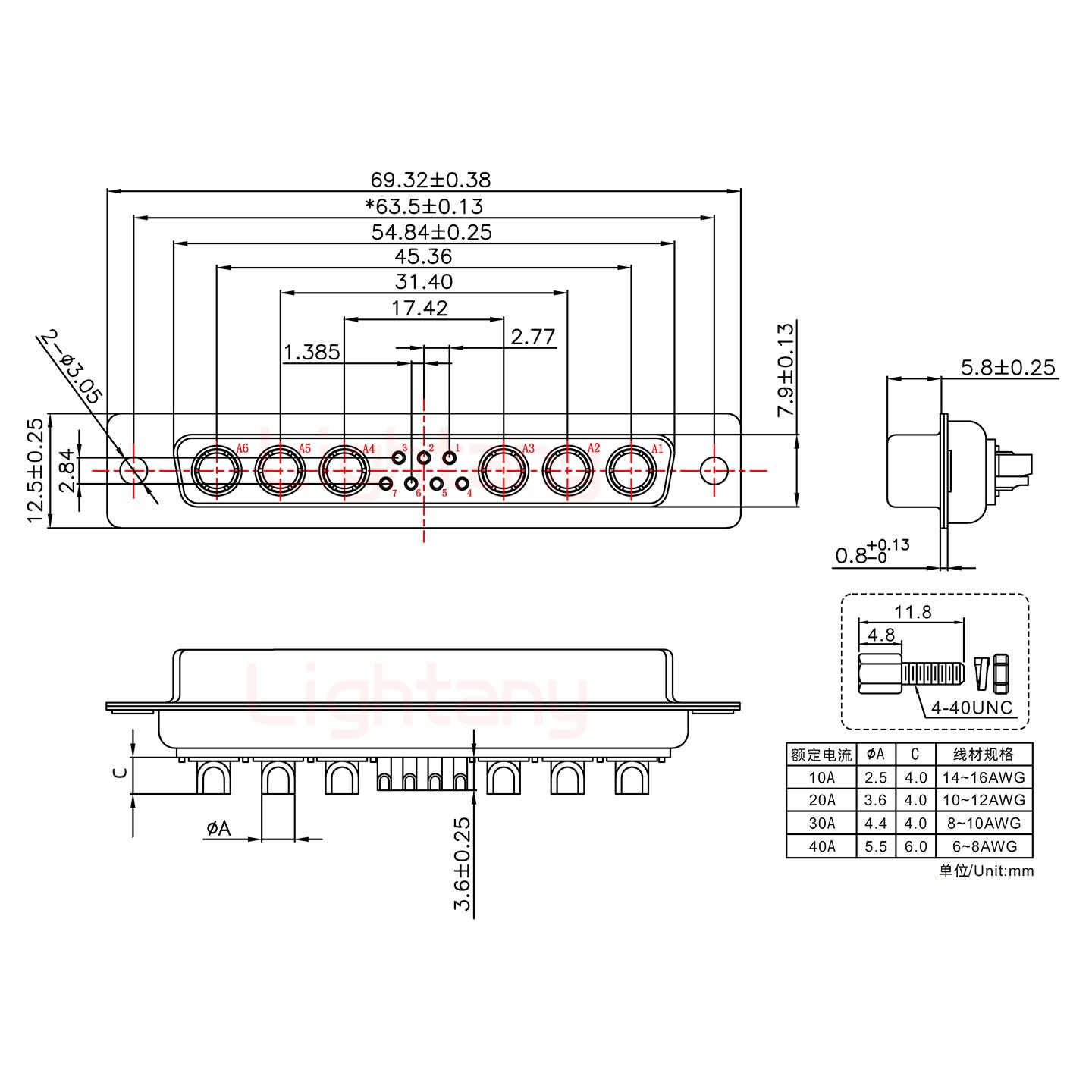 13W6A母短體焊線/配螺絲螺母/大電流40A