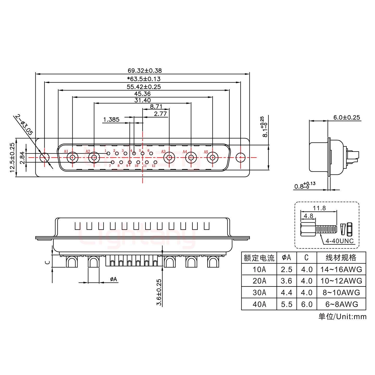 17W5公短體焊線/配螺絲螺母/大電流20A