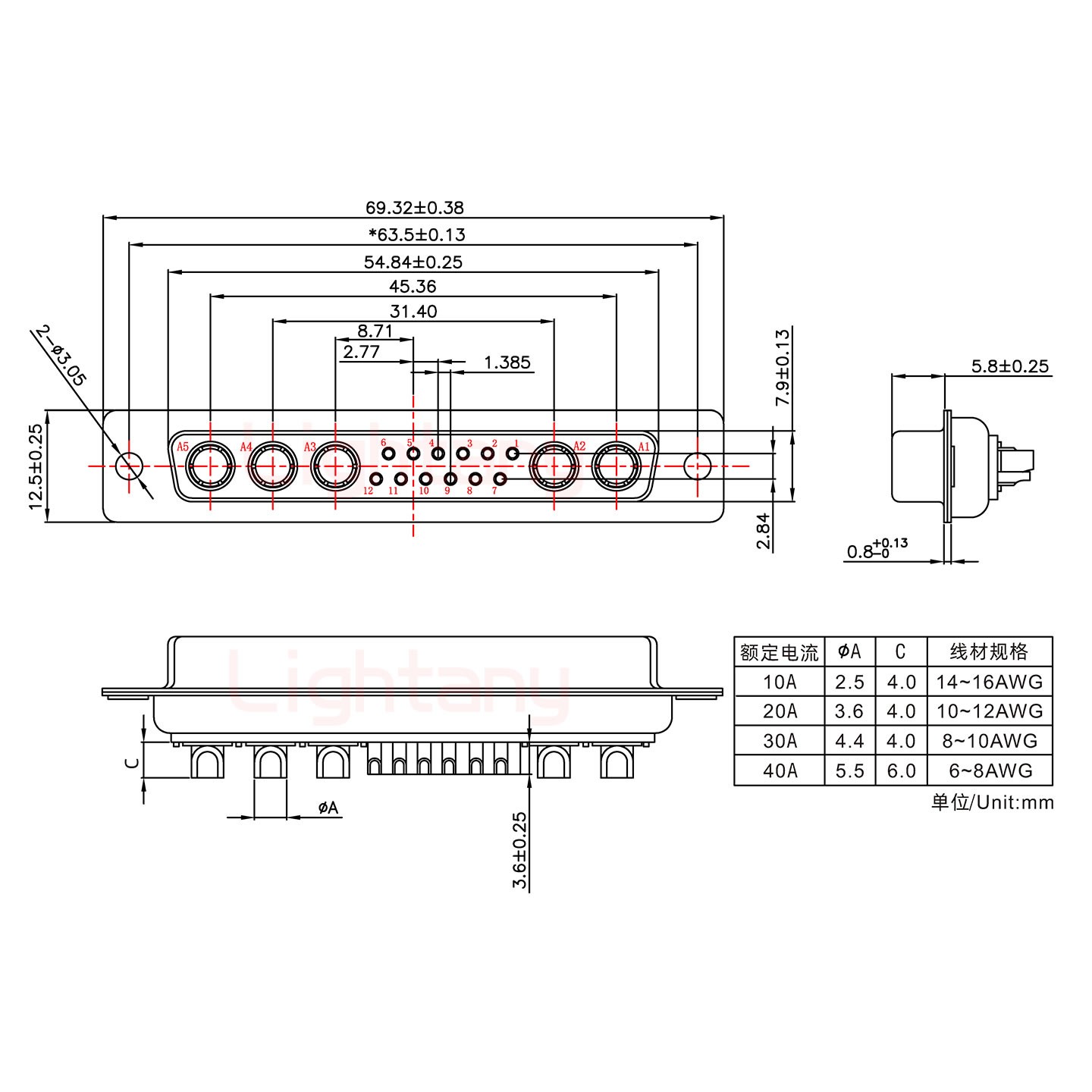 17W5母短體焊線/光孔/大電流40A