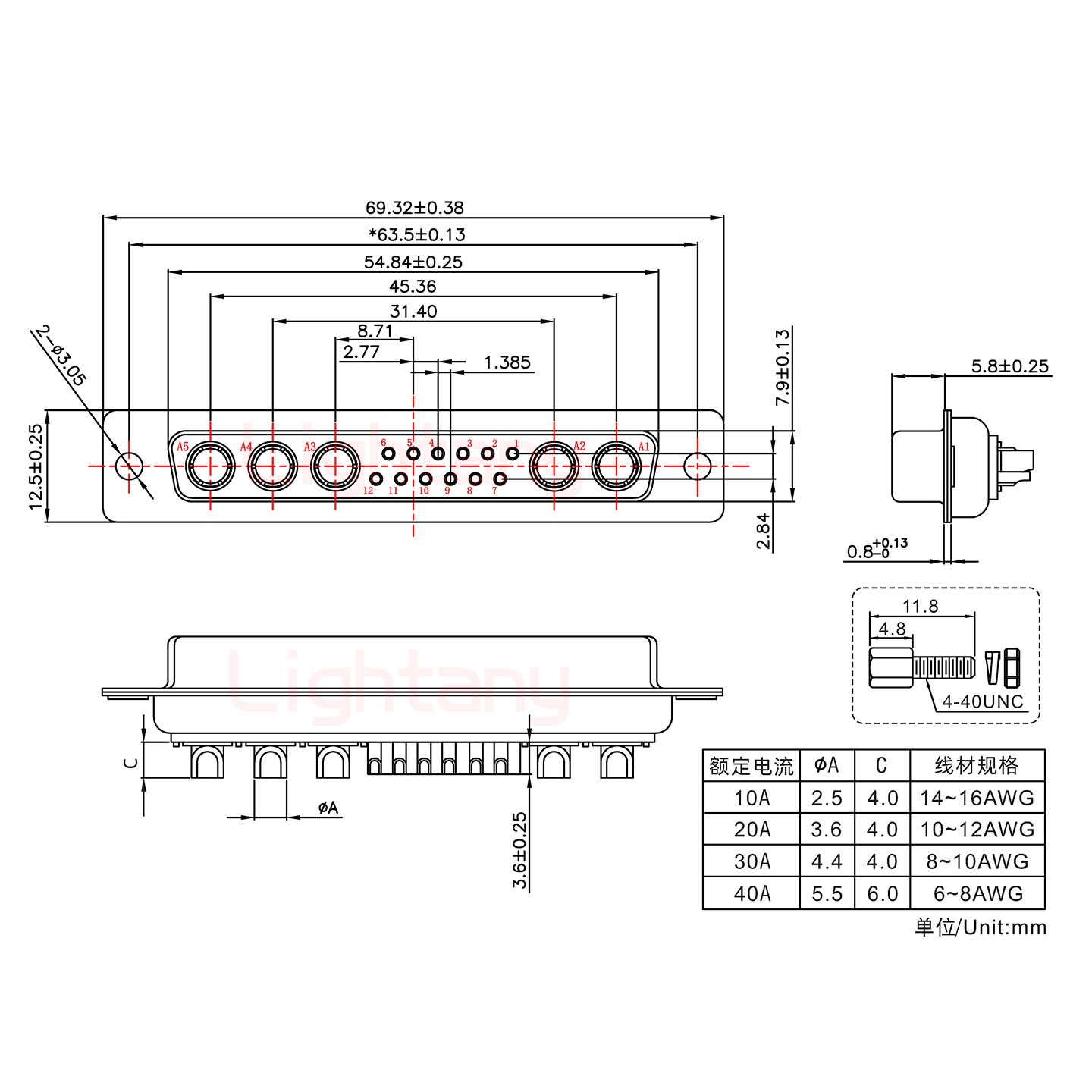 17W5母短體焊線/配螺絲螺母/大電流20A