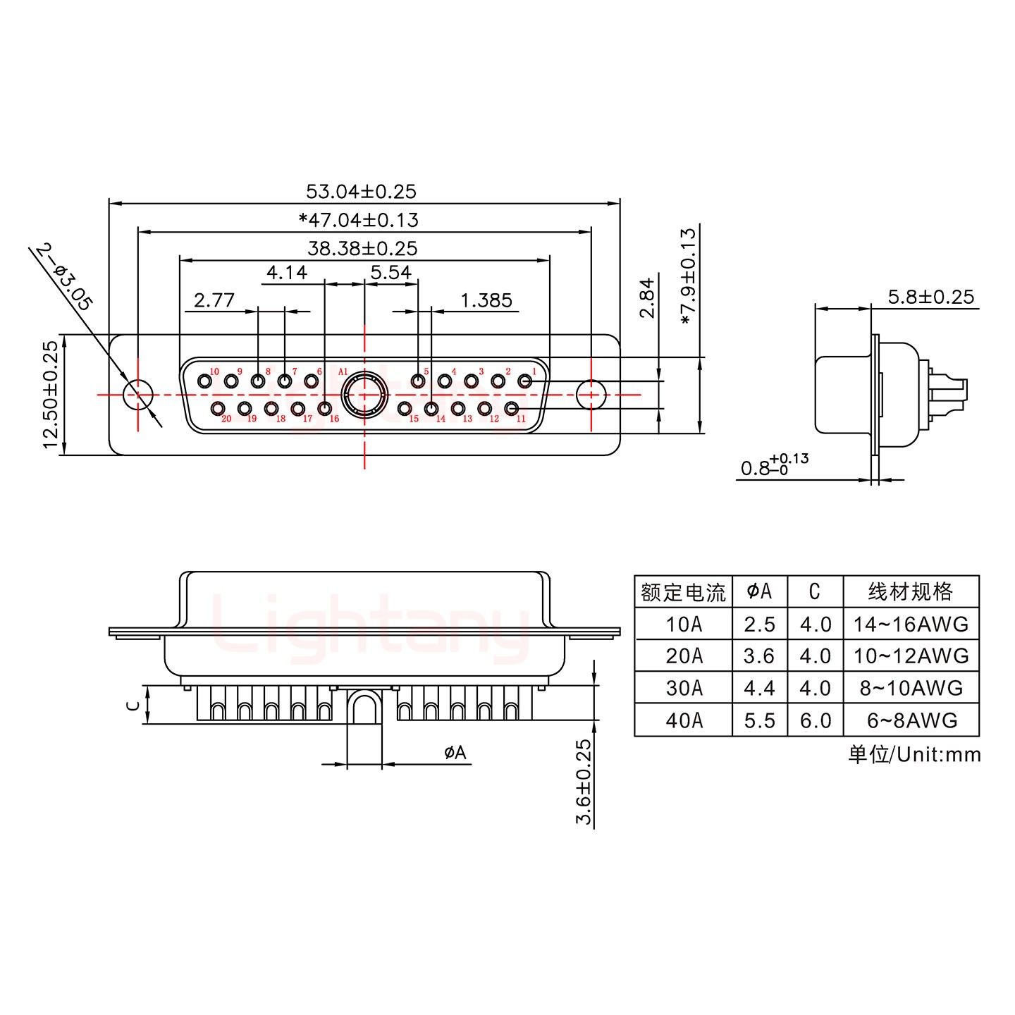 21W1母短體焊線/光孔/大電流40A