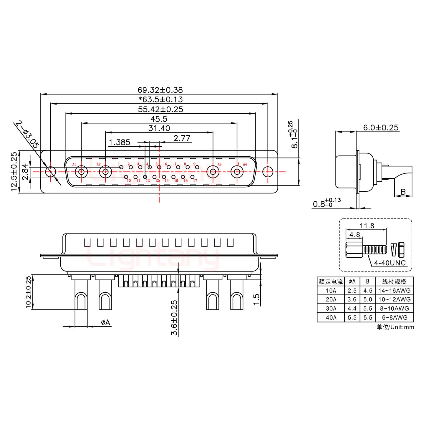 21W4公長體焊線/配螺絲螺母/大電流30A