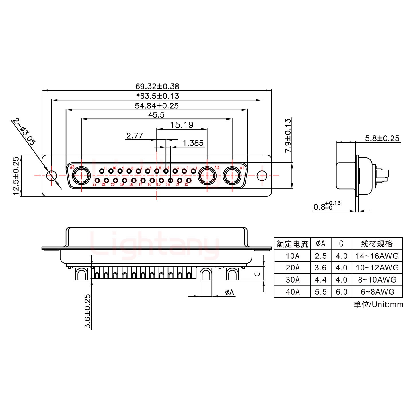 25W3母短體焊線/光孔/大電流10A