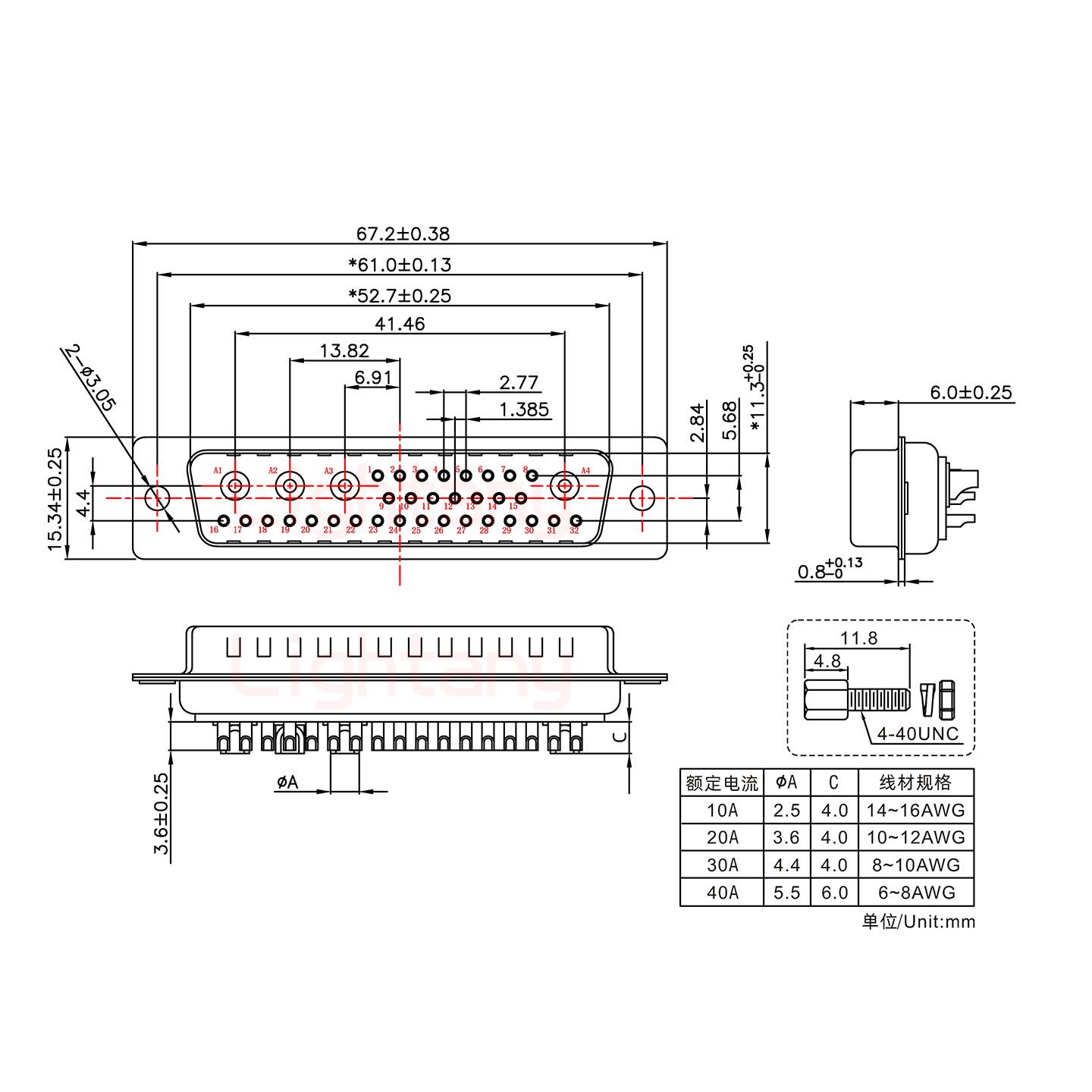 36W4公短體焊線/配螺絲螺母/大電流40A