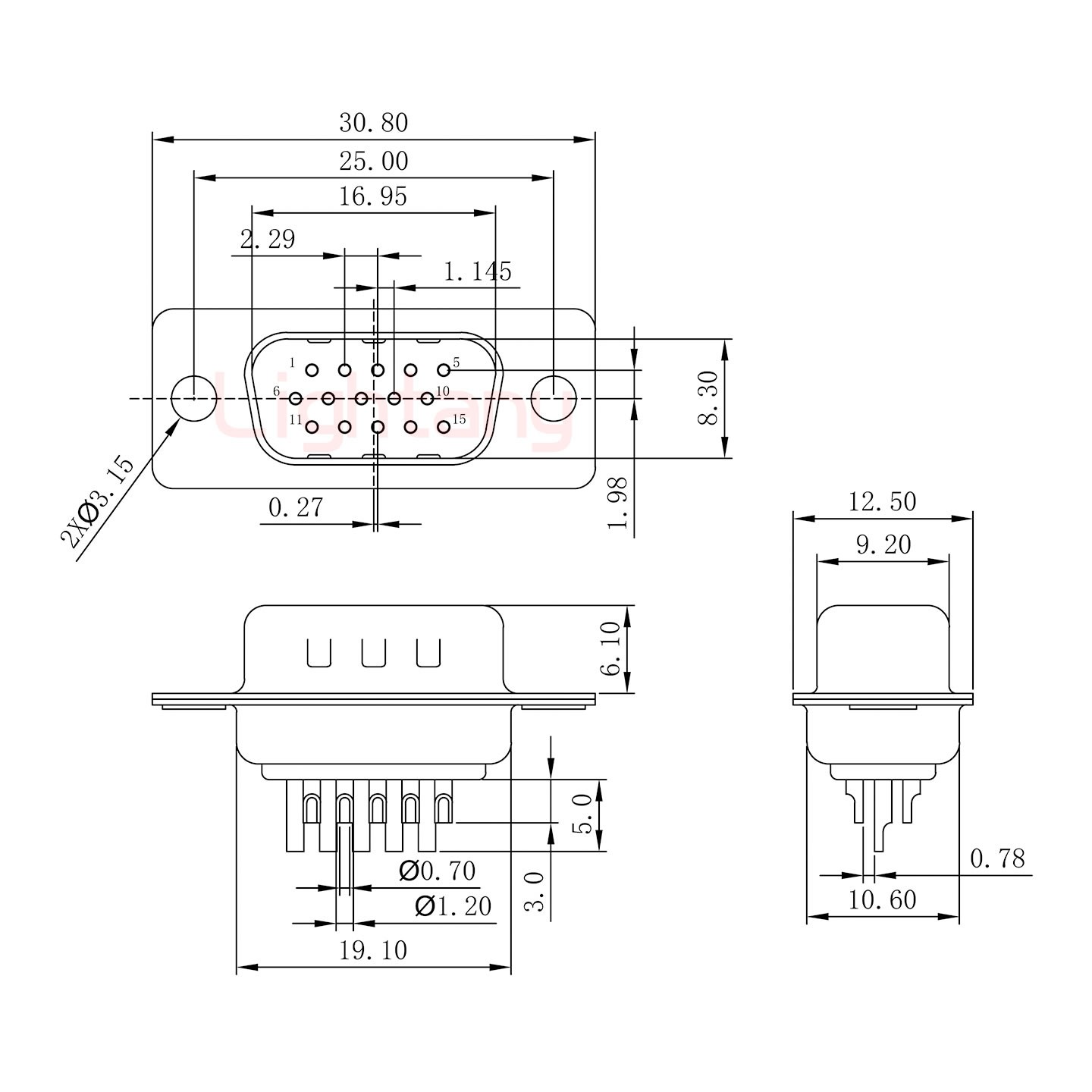 HDB15公焊線+金屬外殼1392斜出線4~12mm