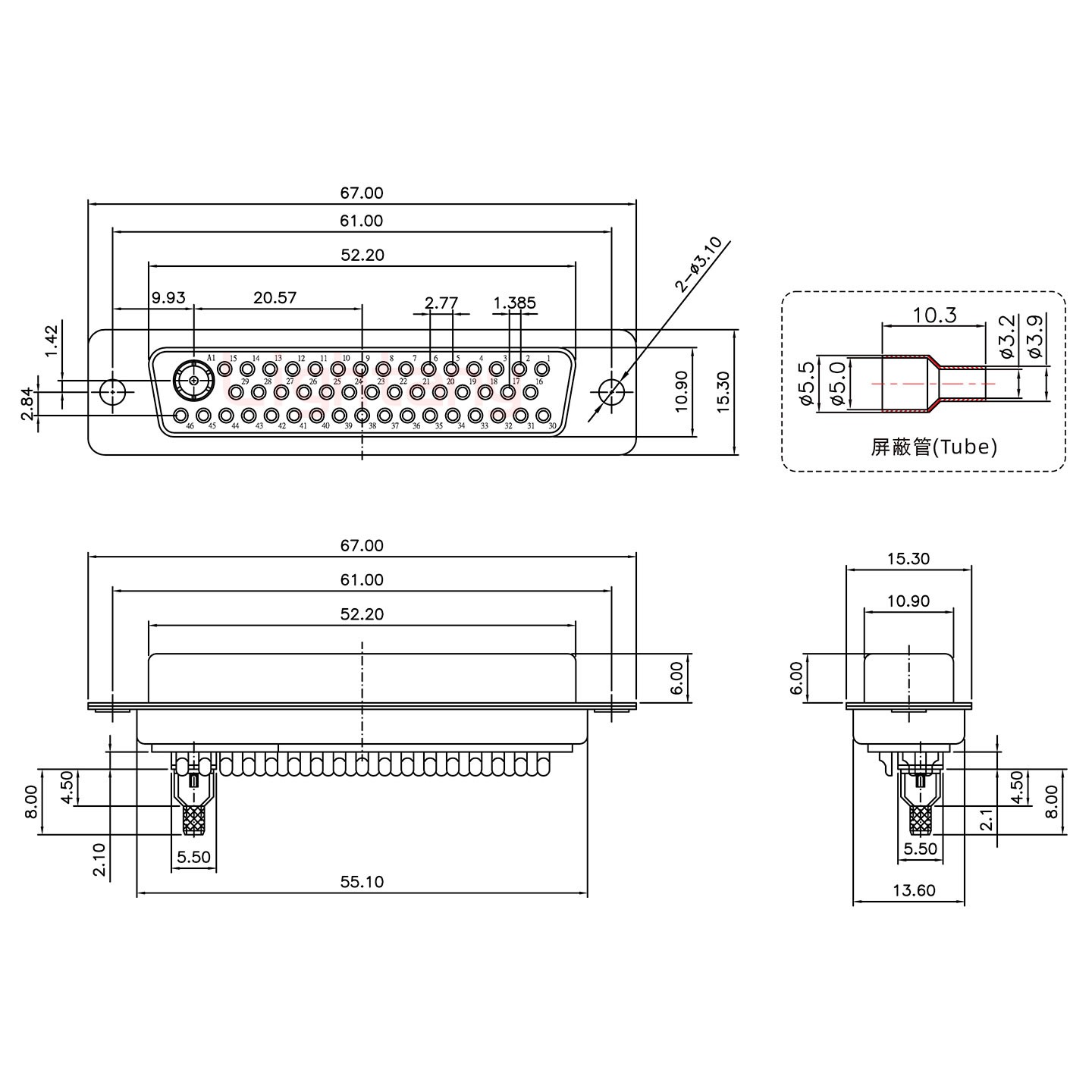 47W1母焊線式50歐姆+50P金屬外殼1745彎出線4~12mm