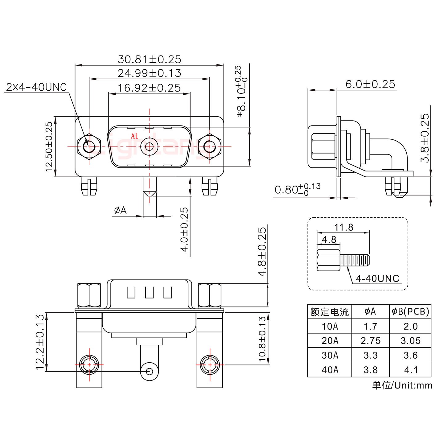 1W1公PCB彎插板/鉚支架10.8/大電流20A