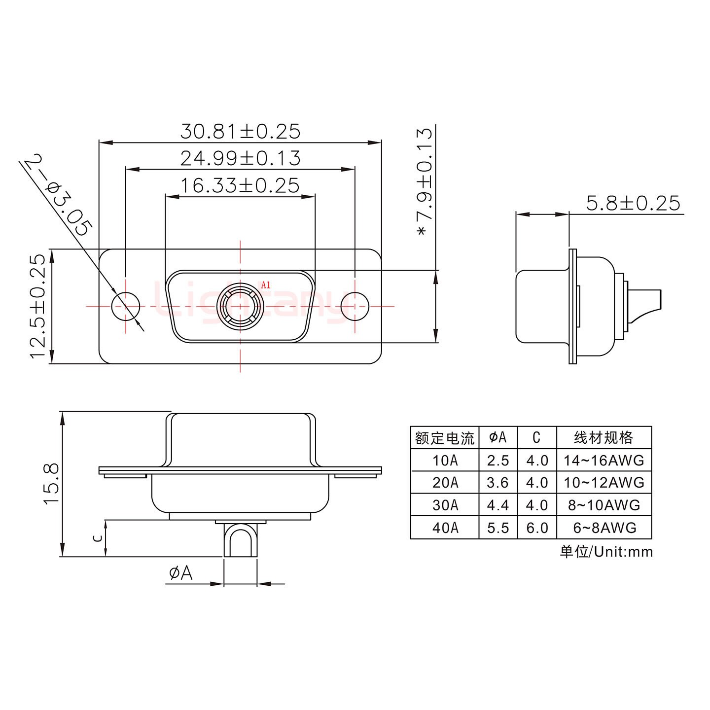 1W1母短體焊線/光孔/大電流40A