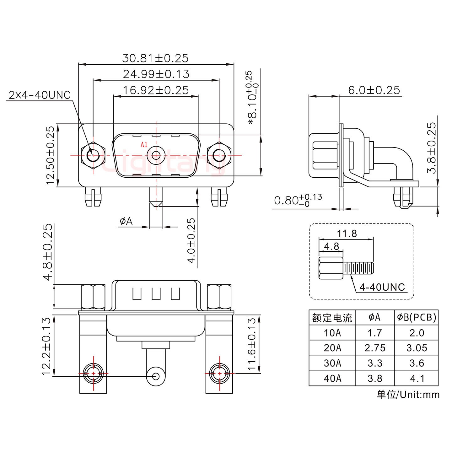 1W1公PCB彎插板/鉚支架11.6/大電流30A