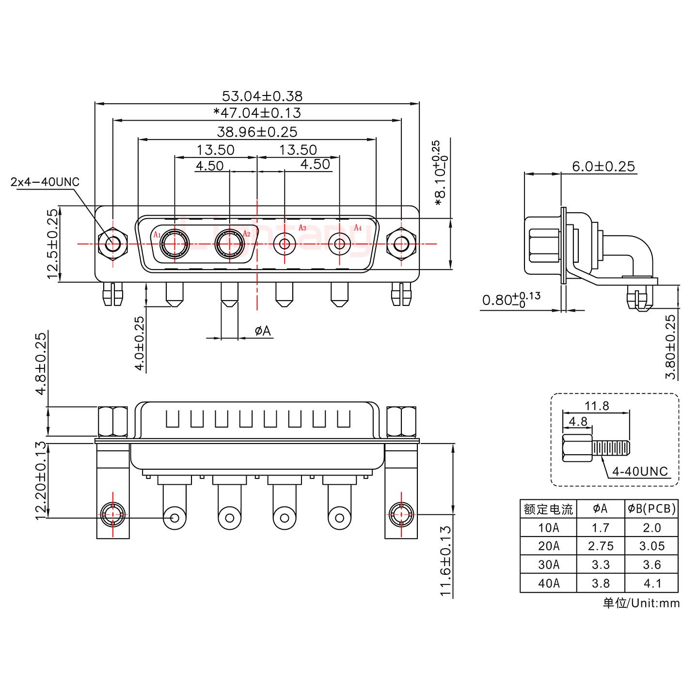 4V4公PCB彎插板/鉚支架11.6/大電流40A