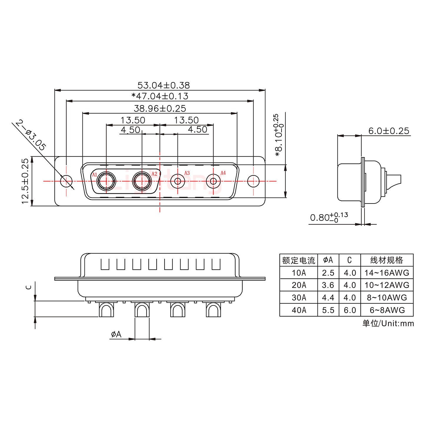 4V4公短體焊線/光孔/大電流30A