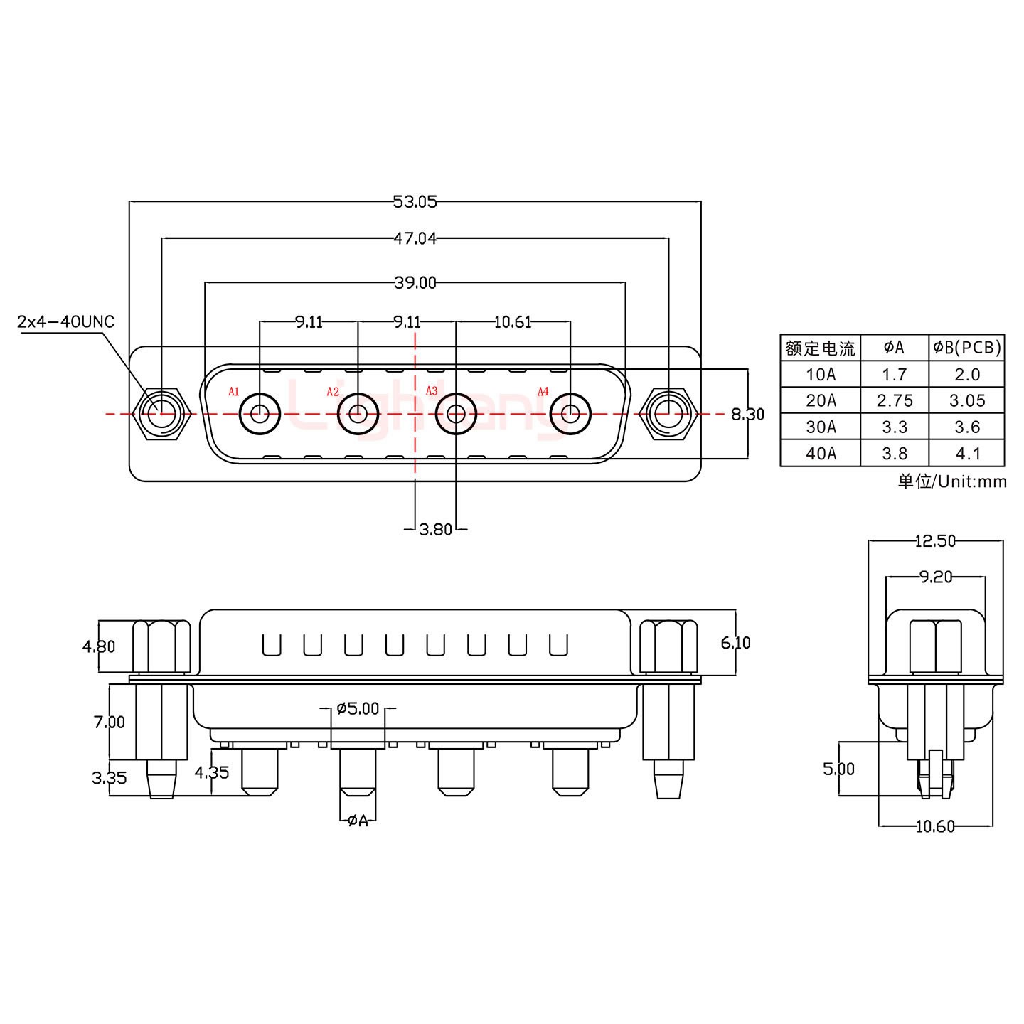 4W4公PCB直插板/鉚魚(yú)叉7.0/大電流40A