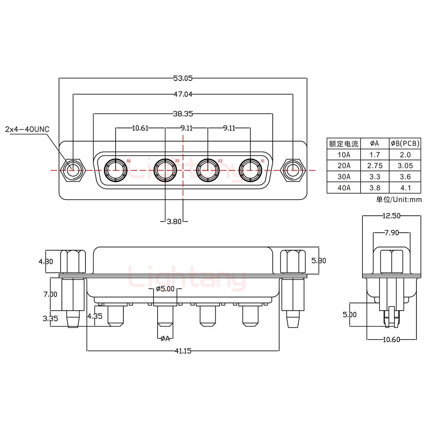 4W4母PCB直插板/鉚魚叉7.0/大電流10A