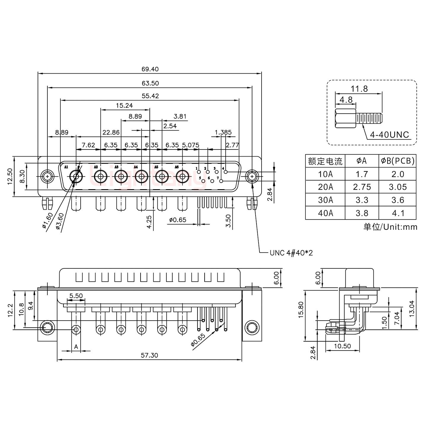 13W6B公PCB彎插板/鉚支架10.8/大電流40A