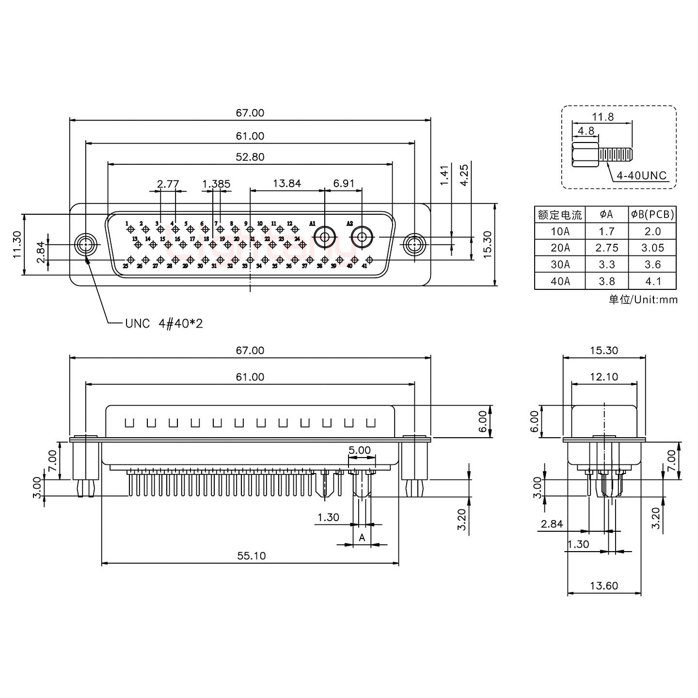 43W2公PCB直插板/鉚魚叉7.0/大電流20A