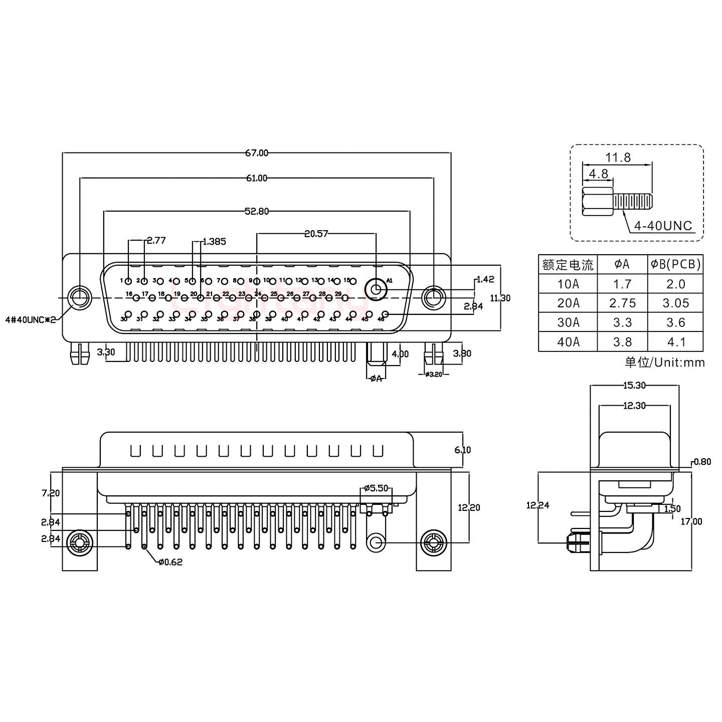 47W1公PCB彎插板/鉚支架12.2/大電流40A