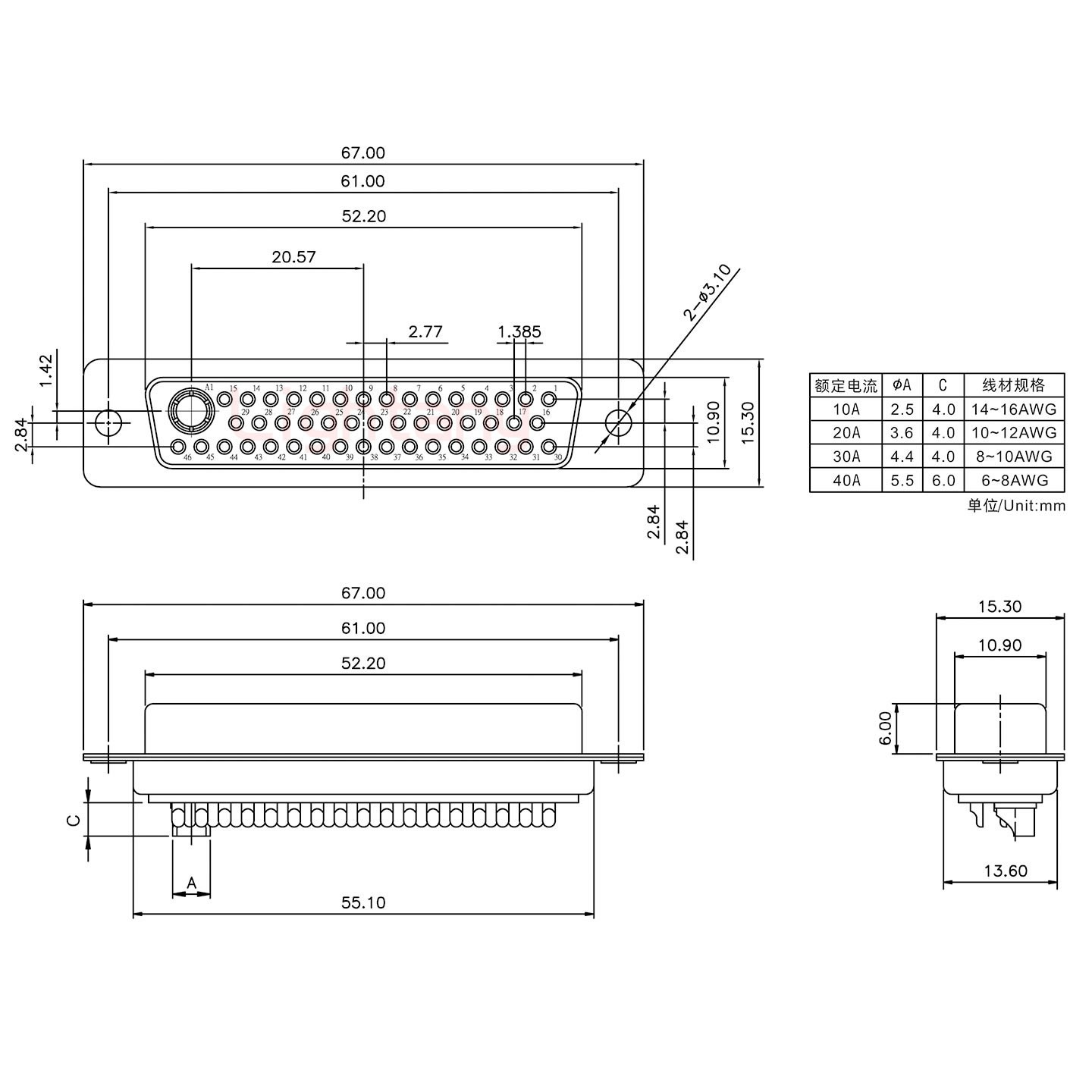 47W1母短體焊線/光孔/大電流20A