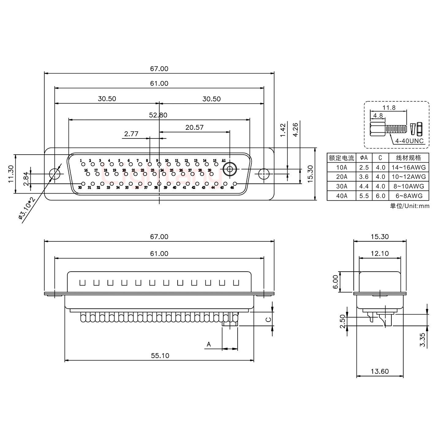 47W1公短體焊線(xiàn)/螺絲螺母/大電流30A