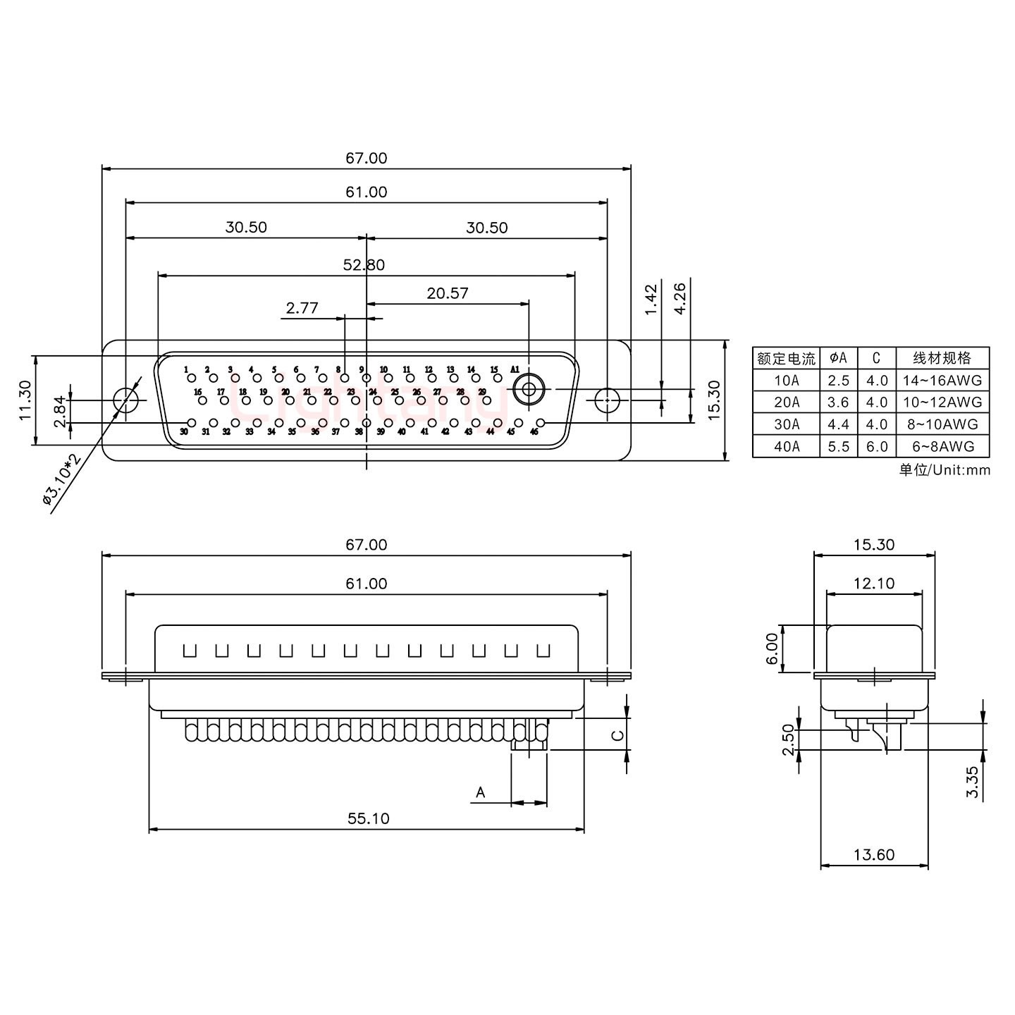 47W1公短體焊線/光孔/大電流10A