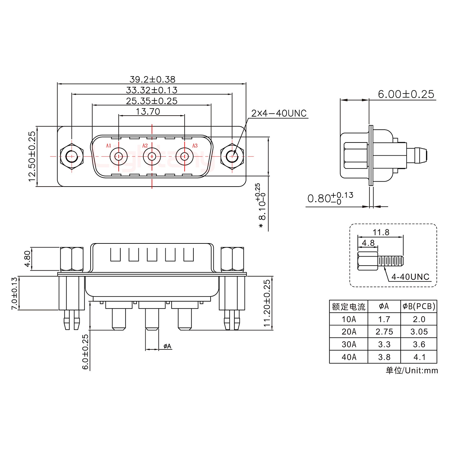 3W3公PCB直插板/鉚魚(yú)叉7.0/大電流10A