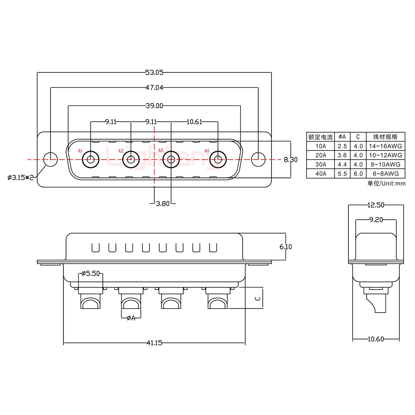 4W4公短體焊線10A+25P金屬外殼1015彎出線4~12mm