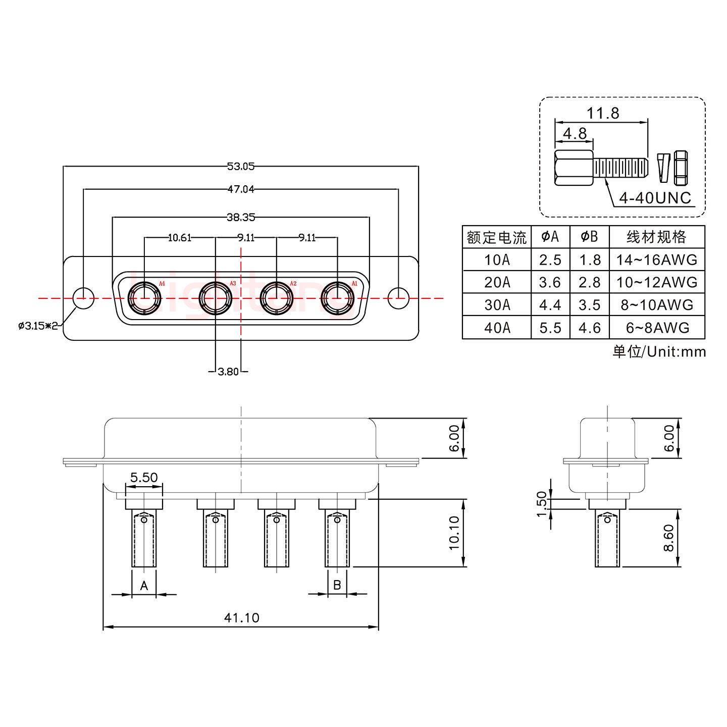 4W4母壓線式/配螺絲螺母/大電流40A