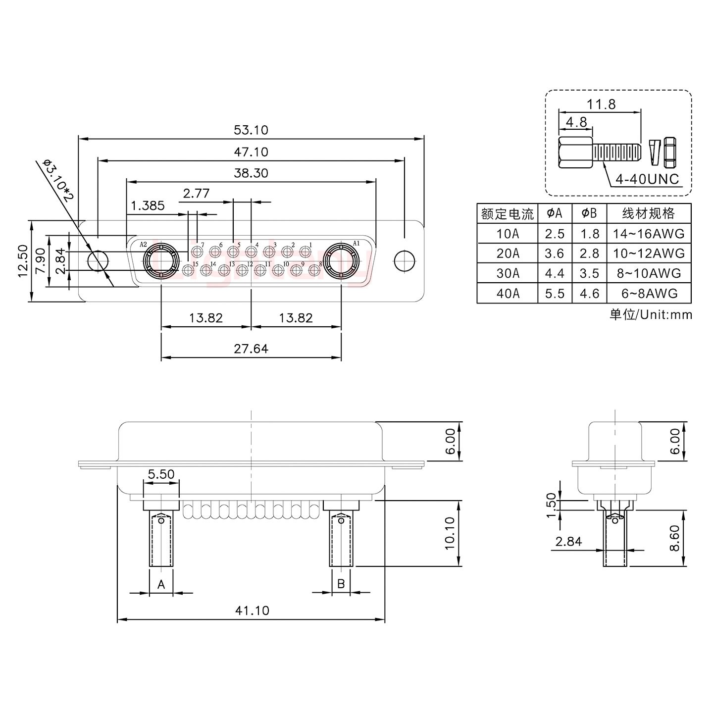 17W2母壓線式/配螺絲螺母/大電流10A