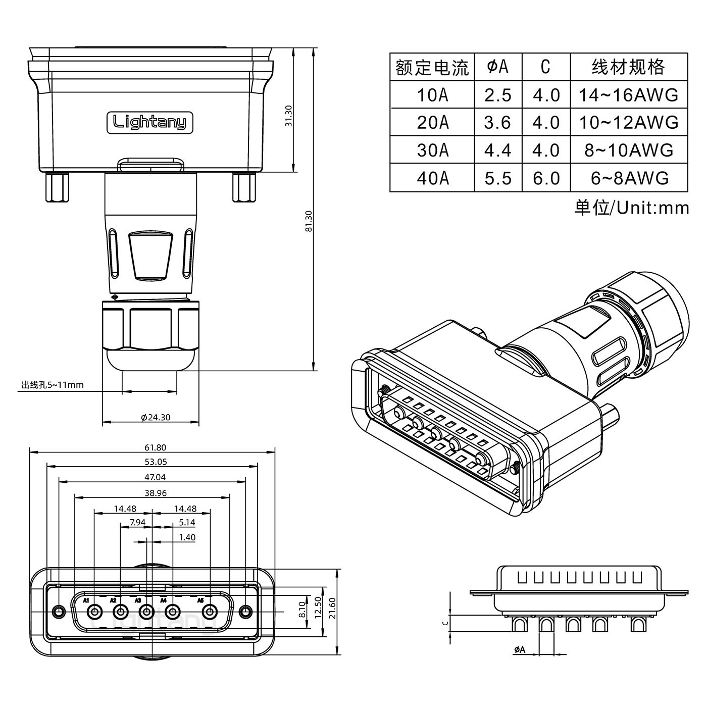 5W5公頭焊線+防水接頭/線徑5~11mm/大電流40A