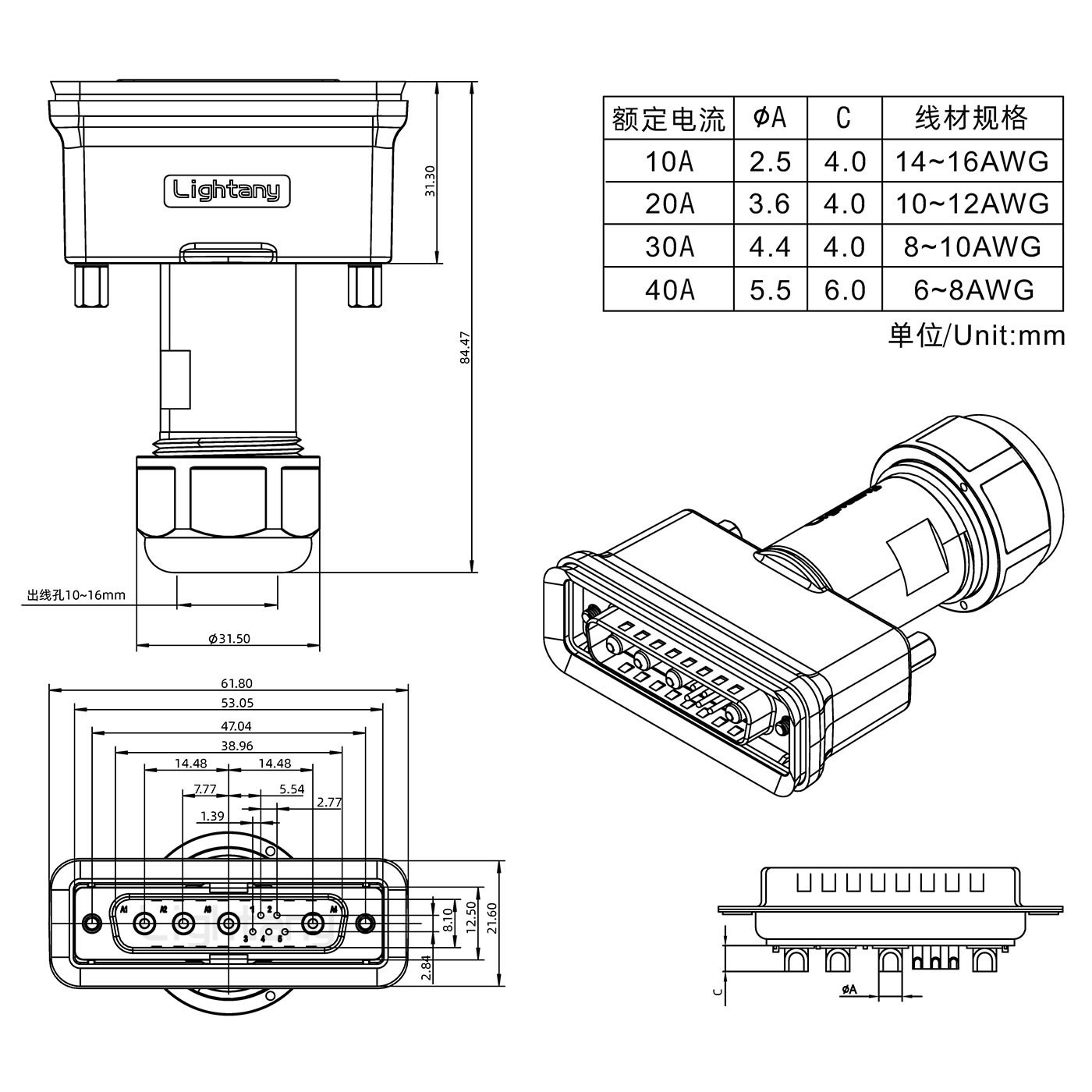 9W4公頭焊線+防水接頭/線徑10~16mm/大電流40A