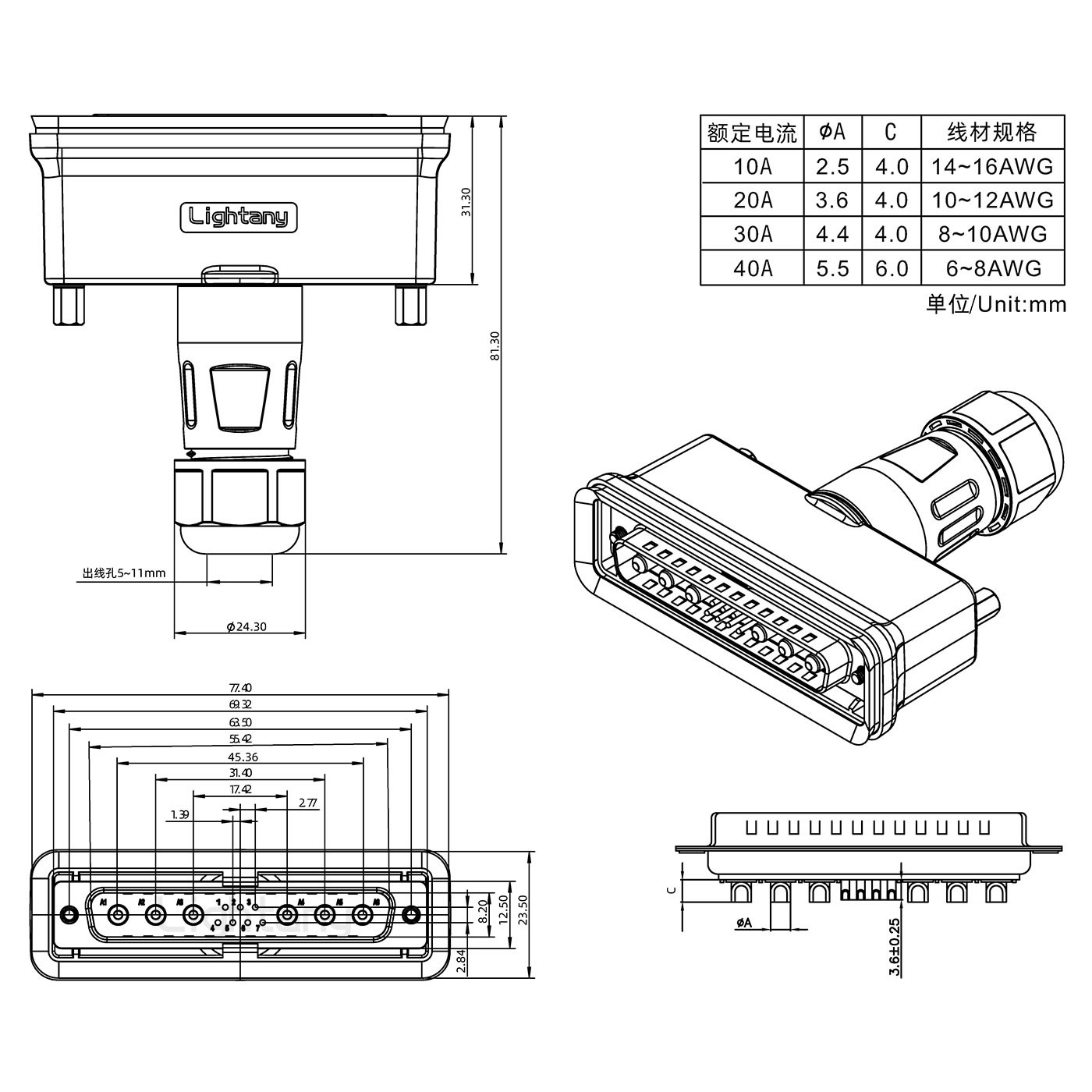 13W6A公頭焊線+防水接頭/線徑5~11mm/大電流40A